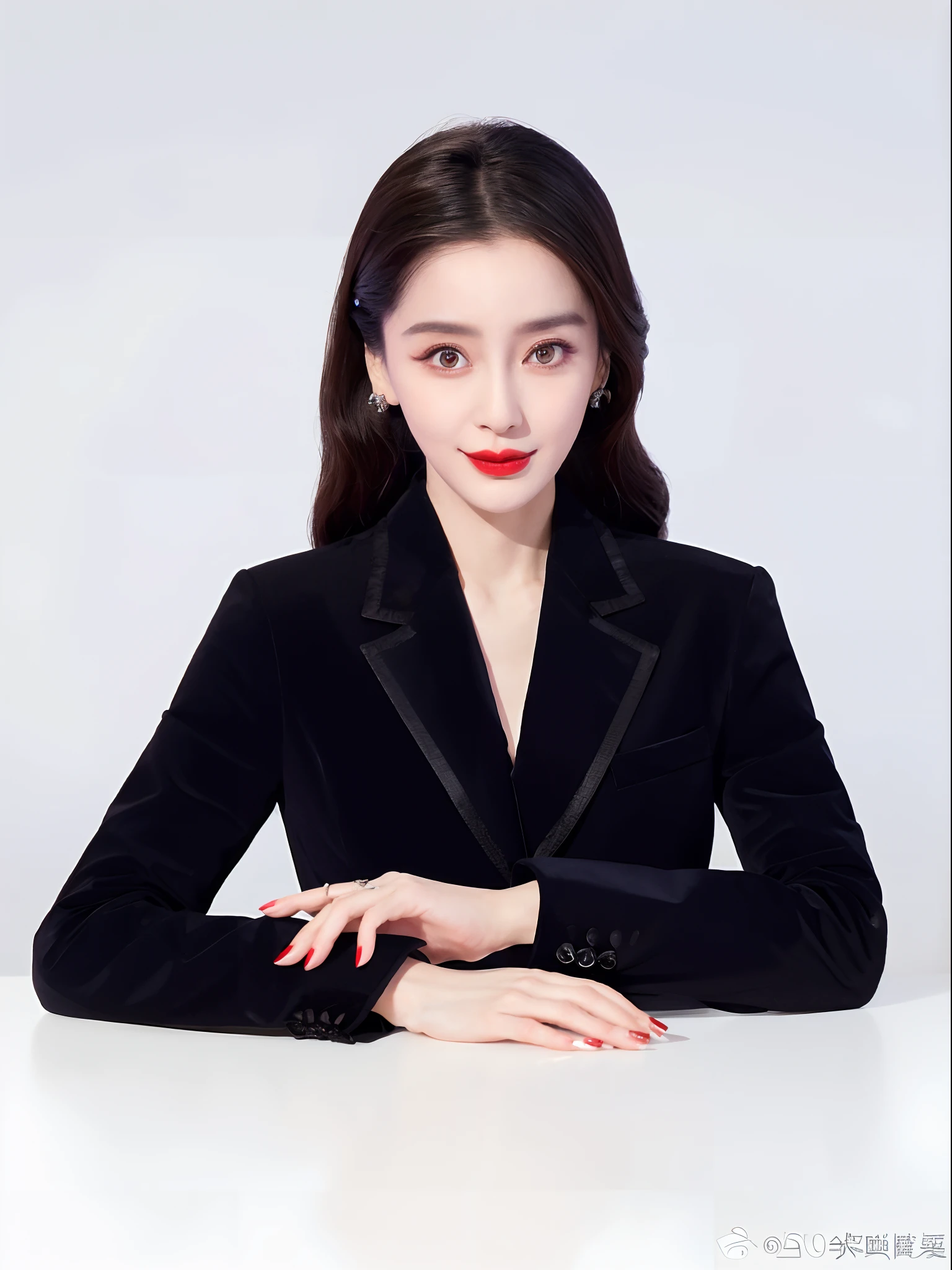 Arad woman in black jacket and red lipstick poses for a photo, wearing a black noble suit, dilraba dilmurat, Fan Bingbing, Li Zixin, wearing black suits, Li Bingbing, shaxi, wearing a black and red suit, Xianxia, jia, wearing black suits, Lu Ji, jinyiwei