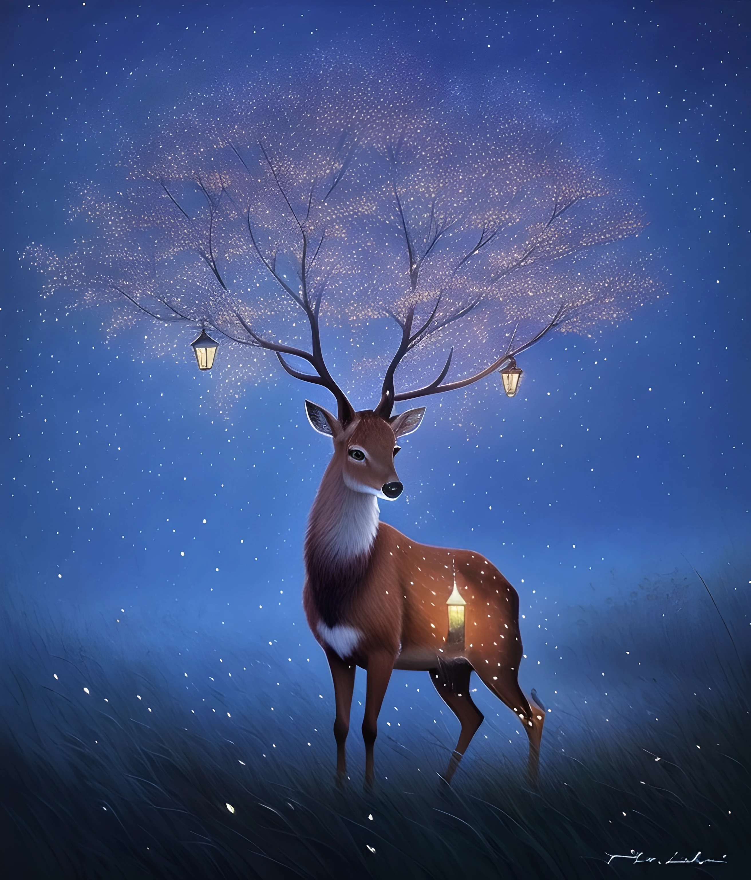 painting of a deer with a lantern in its mouth standing in a field, beautiful art, beautiful painting of a tall, beautiful depiction, by Yang J, gorgeous art, beautiful fantasy painting, a beautiful artwork illustration, magical realism painting, dreamy art, amazing art, enchanted with nature spirit, very beautiful photo, beautiful artwork, very very beautiful art, fairytale painting