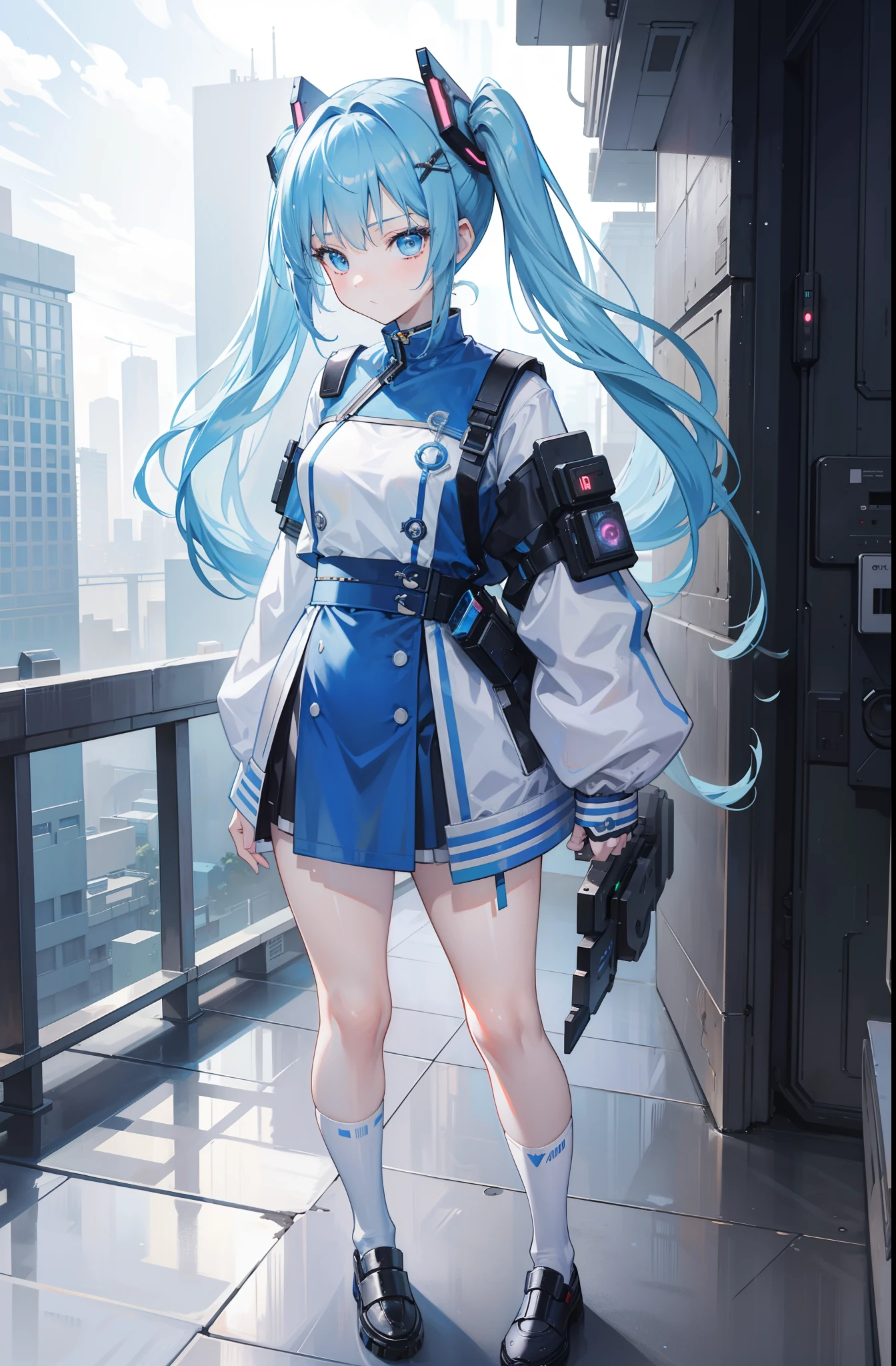 ​masterpiece，8K，超A high resolution，Detailed description，Smooth depiction，Accurate rendering，Front and rear emphasis composition，Light blue twin tails，skin whitening，-yeld Wern-style beautiful girl in anime style，Wearing a cyberpunk style uniform，Overhead scenery，Full body depiction，Splash Art Style，