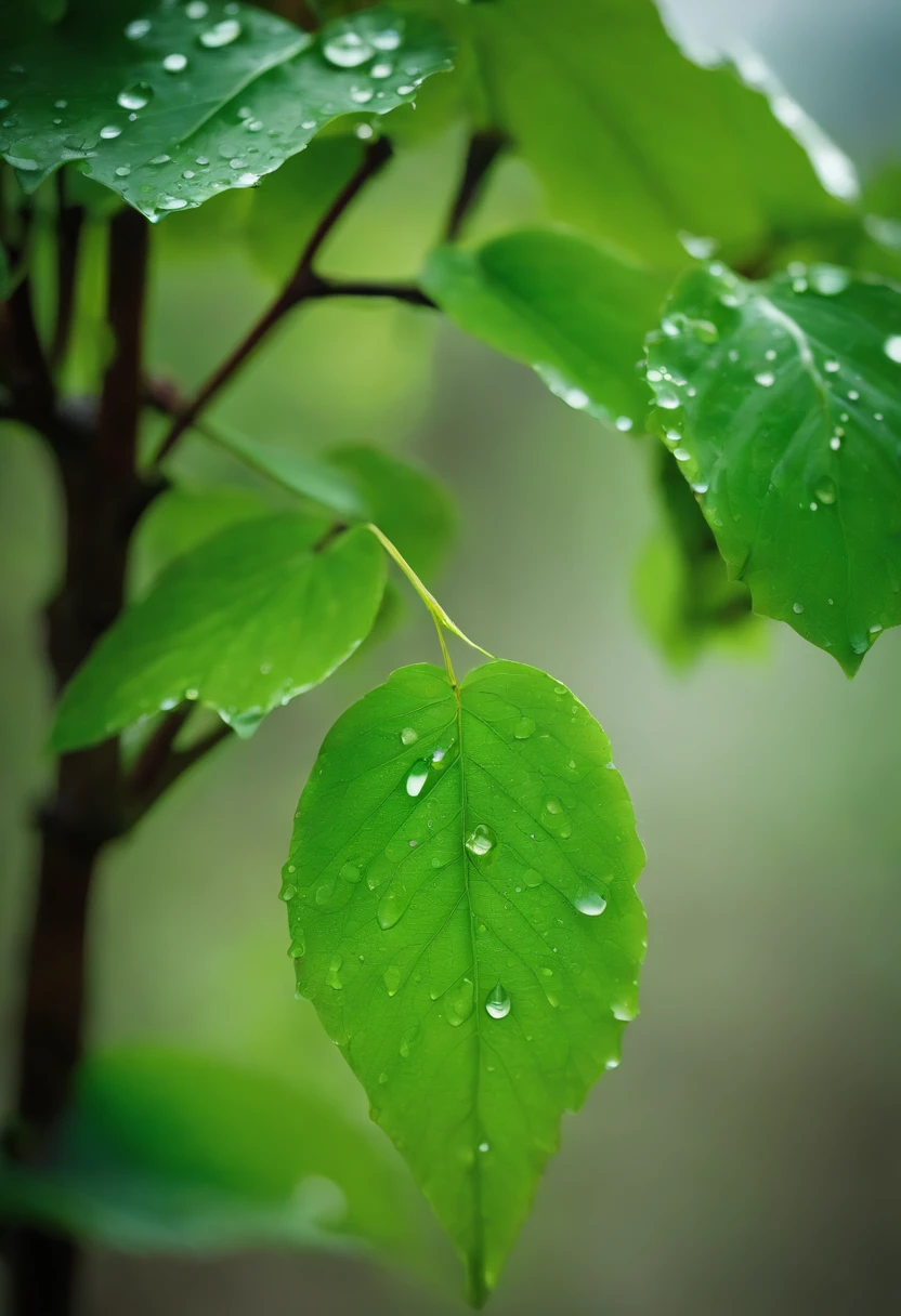 Chinese tradition，Flat style，Solar term valley rain，verde claro，Dew drips down one of the middle leaves