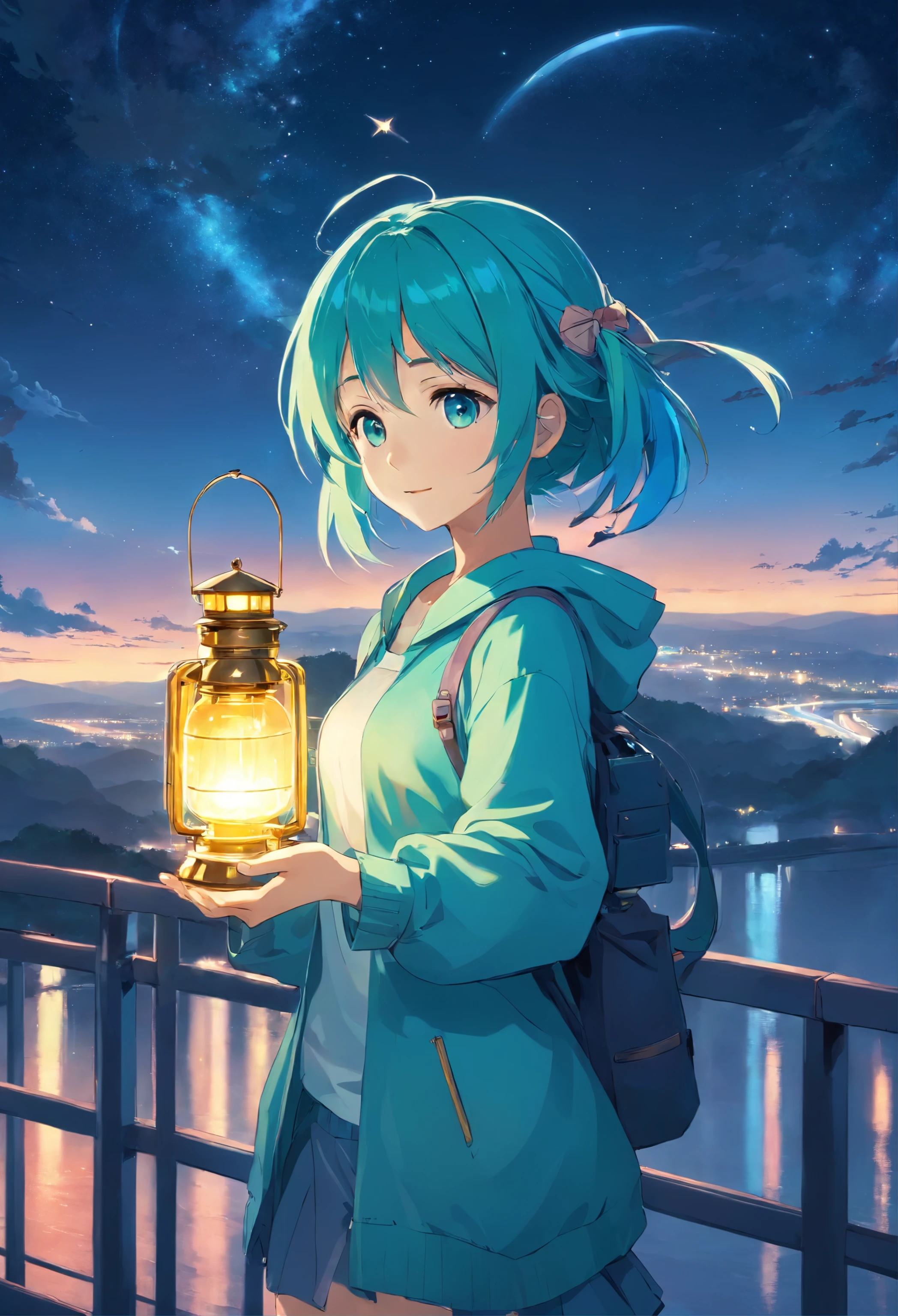 Anime girl holding glowing lantern in her hand, Big breasts Hatsune Miku, Anime girl with teal hair, nigh sky，starrysky, High Quality Anime Art Style, anime moe art style, . 8K, in style of kyoto animation, style of anime4 K, anime wallaper, anime visual of a cute girl,, Anime wallpaper 4K, starrysky，Aesthetic，Stand on the bridge and enjoy the moon，Golden moon，