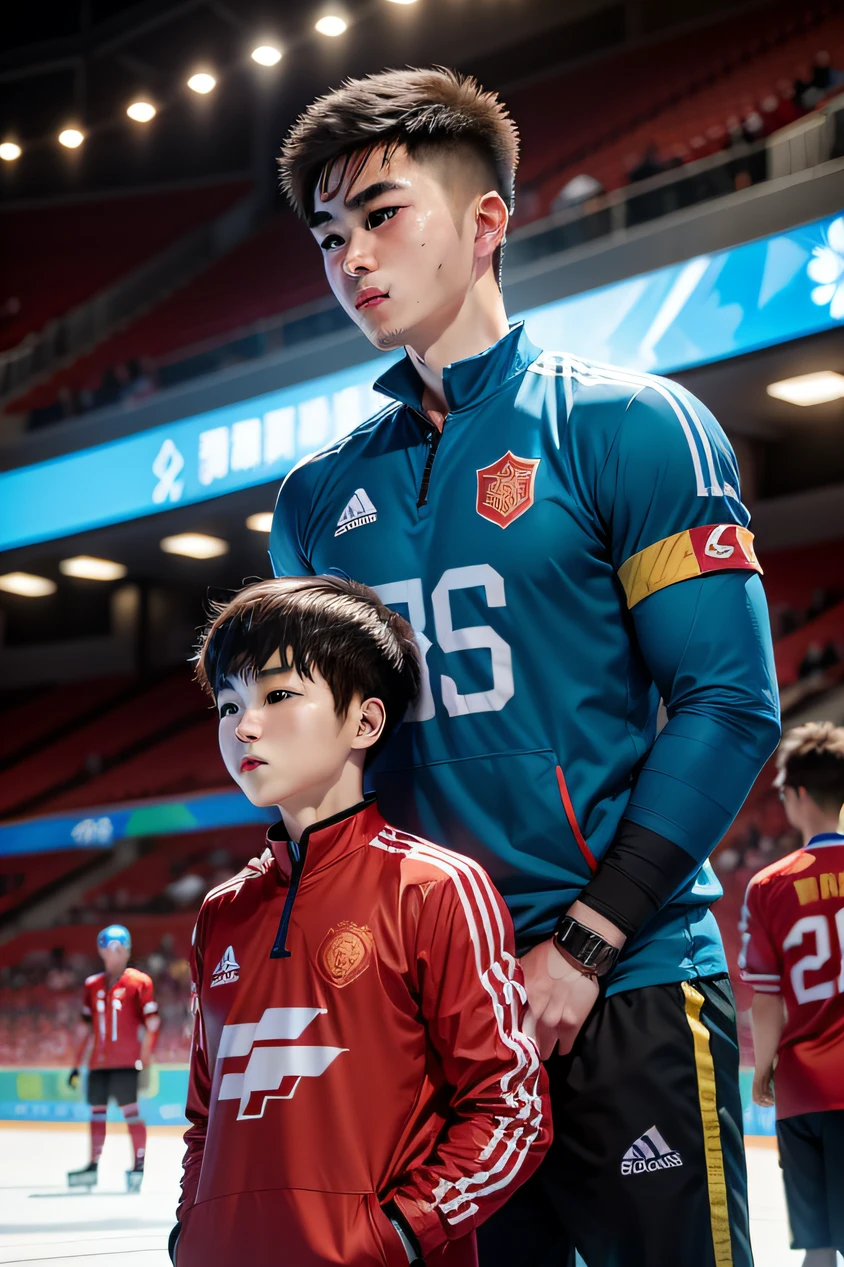 Beijing Winter Olympics Chinese men's ice hockey national team member No. 56 Zhang Zesen talks with young players on the sidelines