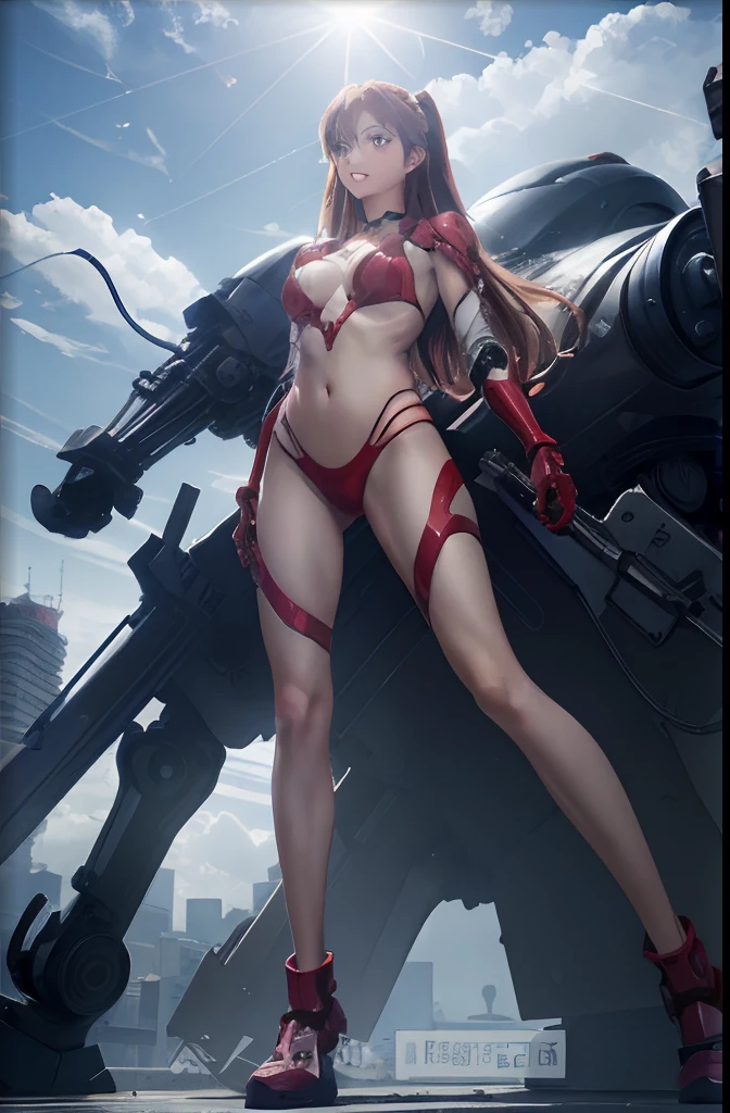 Anime girl posing next to giant machine in red lingerie, Asuka Langley Soryu, asuka langley sohryu, asuka langley souryuu, asuka langley, girl in mecha cyber armor, Mechanized Valkyrie girl, portrait of asuka langley soryu, cyberpunk anime girl mech, perfect anime cyborg woman, beautiful asuka from evangelion，Huge breasts