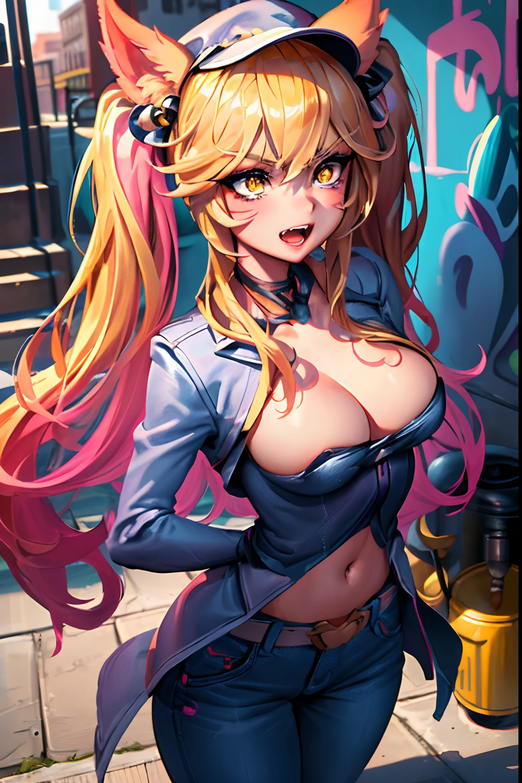 Original Character, Volumetric Lighting, Best Shadows, Shallow Depth of Field, Portrait Of Stunningly Beautiful Girl, Petite, Delicate Beautiful Attractive Face With Alluring Yellow Eyes, Messy Painted Face, Sharp Eyebrows, Broadly Smiling, Open Mouth, Fangs Out, Lovely Medium Breasts, Layered Long Twintail Blond Hair, Blush Eyeshadow, Thick Eyelashes, Applejack Hat, Oversized Pop Jacket, Mini Underboob Tee, Open Navel, Slim Waist, Denim Jeans Pants, With Buckle Belt, In The Graffiti Alley, Waste Container, Outside Stairs, Outdoor Unit, Holding Spray Paint Can, Standing, (Highest Quality, Amazing Details:1.25), (Solo:1.3), Brilliant Colorful Paintings