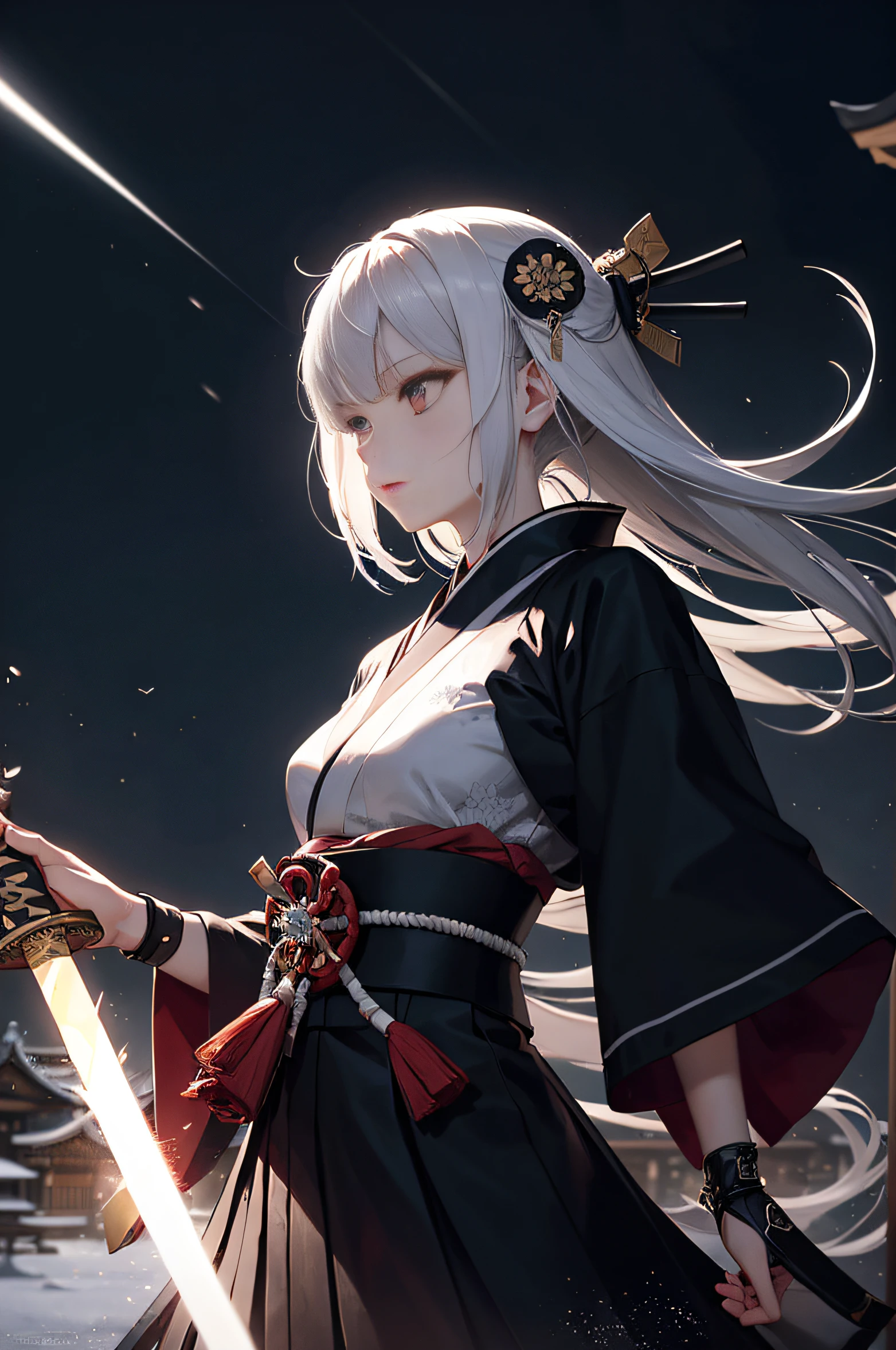 (masterpiece:1.2), highest quality, perfect details, samurai a girl, half body, white color kimono, silver color hair, katana, dark image, temple, dark fantasy art, (dynamic posing:1.1), (light diffusion:1.2), very intricate, black color sky, ooze, black snow, (eyeshadow:0.8)
