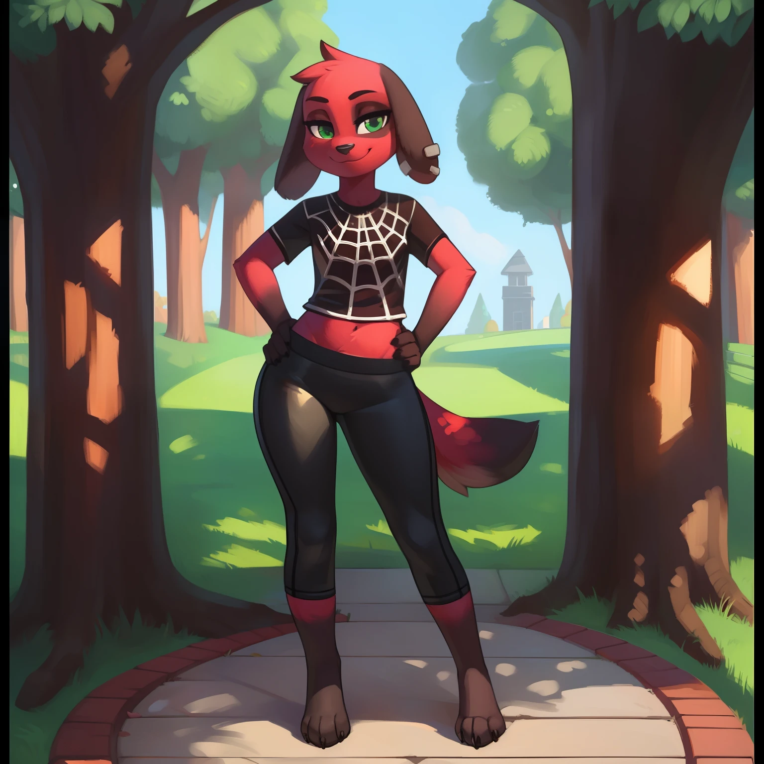 [Cherry; Animal Crossing], [Uploaded to e621.net; (Pixelsketcher), (wamudraws)], ((masterpiece)), ((solo portrait)), ((front view)), ((feet visible)), ((furry; anthro)), ((detailed fur)), ((detailed shading)), ((beautiful render art)), {anthro; (red fur, black nose), cute green eyes, (black spot over left eye), black lop ears, smug smirk, small fluffy tail, (beautiful feet)}, {(goth), (spiderweb tee shirt), small boobs, black yoga pants}, {(hand on hip), (standing), (pigeon-toed)}, [background; (park), (trees), (sun rays through trees)]