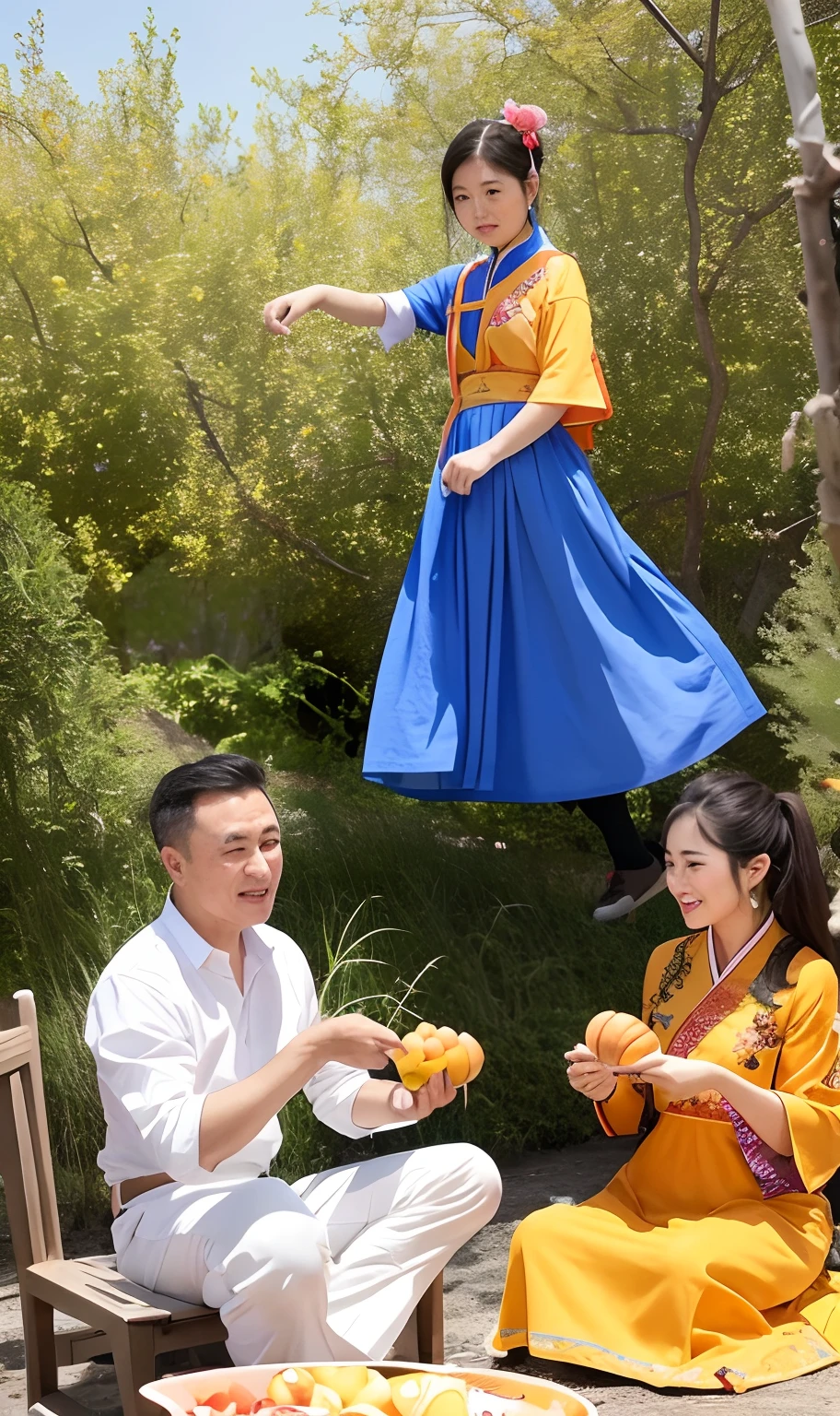 Under the apricot tree,Han Chinese and people dressed in Uyghur costumes teach fruit picking skills and experience