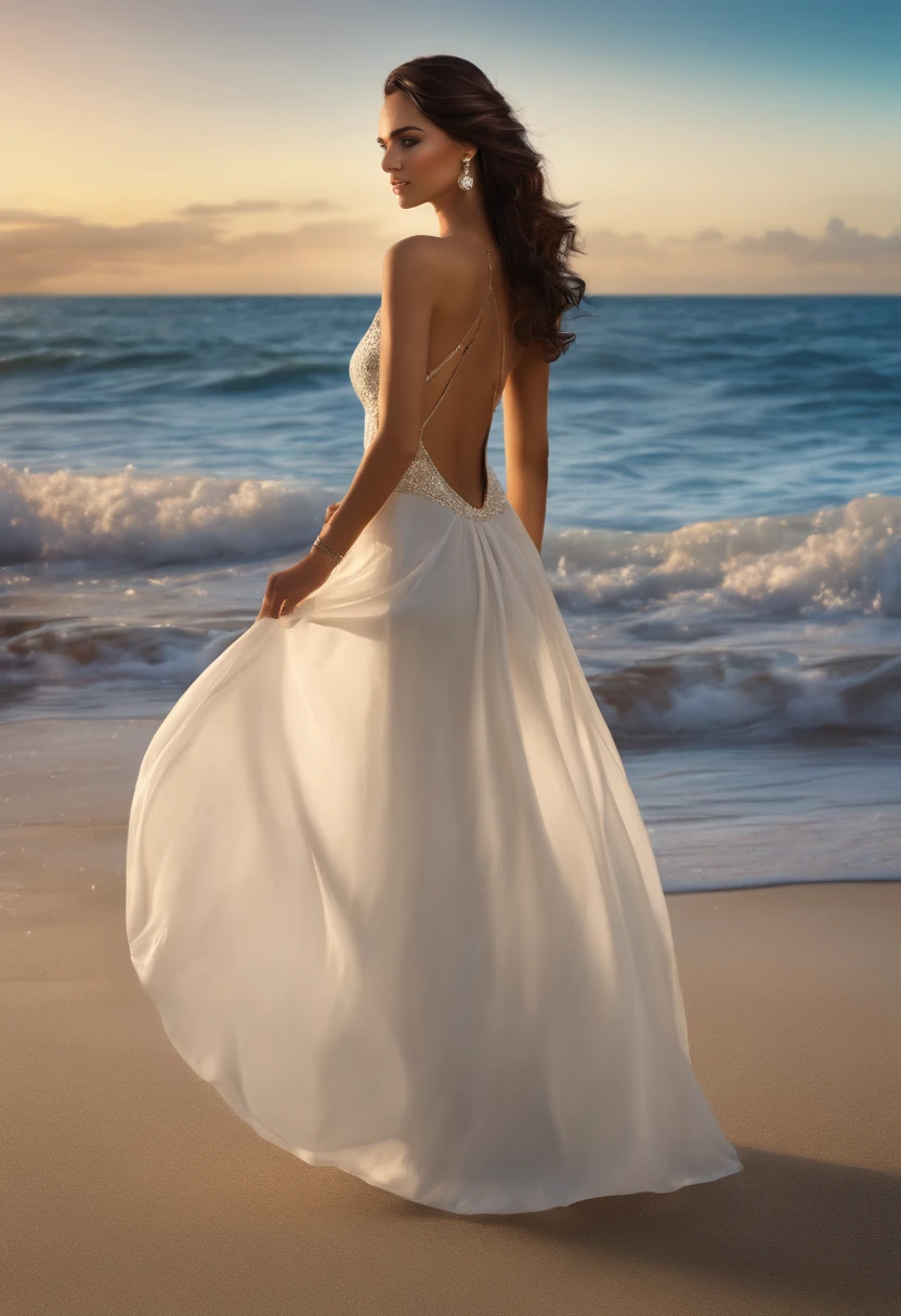 Hawaiian Wakiki Beach, sleeveless dress, ((best quality, 8k, masterpiece: 1.3))), clear focus: 1.2, (layer cut, large: 1.2), beauty in perfect figure: 1.4, slender abs: 1.2, wet body: 1.5, highly detailed face and skin texture, eyes closed, double eyelids, messy hairstyle, plain makeup,dark hair, Black eye.