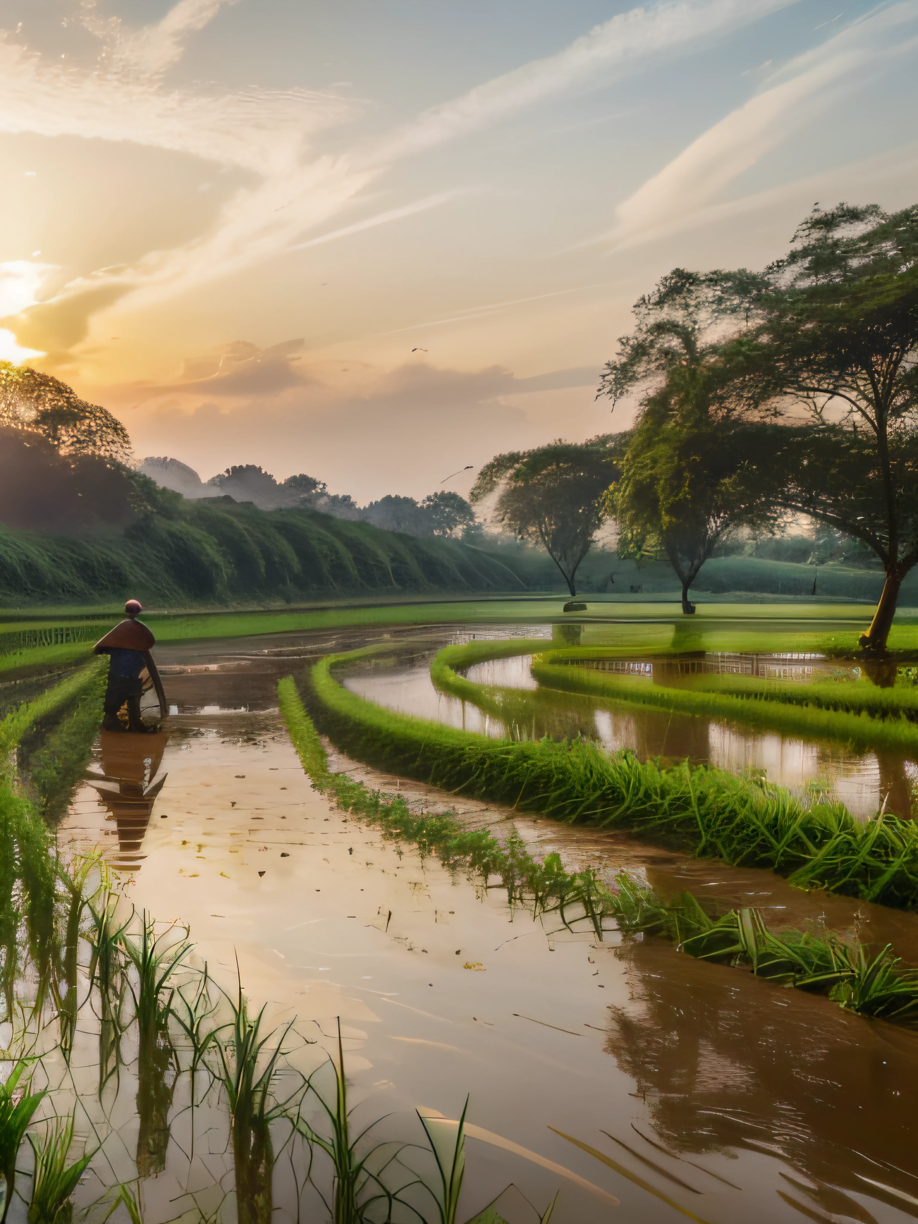 Bangladeshi village, (paddy field), (jute field), (farmer working in the field), (river beside the field), (huts and houses under the big trees), (mountains are far away), ((highly detailed)), (realistic), ((8k ultra hd))