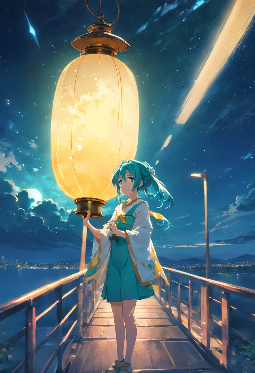 Anime girl holding glowing lantern in her hand, Big breasts Hatsune Miku, Anime girl with teal hair, nigh sky,starrysky, High quality anime art style, Anime moe art style, . 8K, in style of kyoto animation, style of anime4 K, anime wallaper, anime visual of a cute girl,, Anime wallpaper 4K, starrysky,Aesthetic,Stand on the bridge and admire the moon,Golden moon,Half-body diagram,period costume