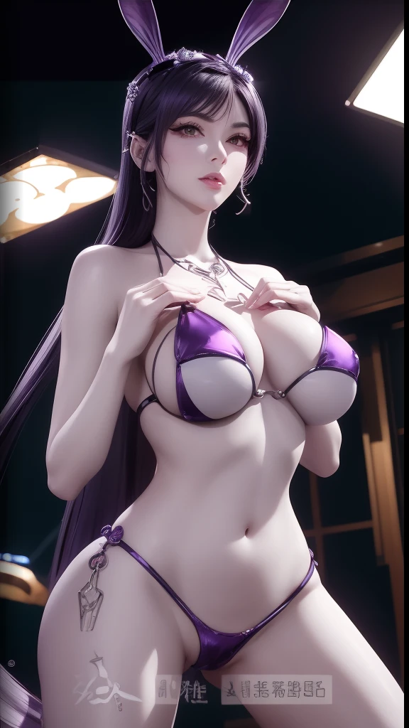 Close-up of a woman in purple bikini and rabbit ears, Biomechanical OPPAI, seductive anime girls, beautiful and seductive anime woman, full-body xianxia, photorealistic perfect body, an oppai cyberpunk, alluring tipha lockhart portrait, widowmaker, smooth purple skin, a beautiful fantasy empress, Overwatch's widowmaker, realistic shadow perfect body