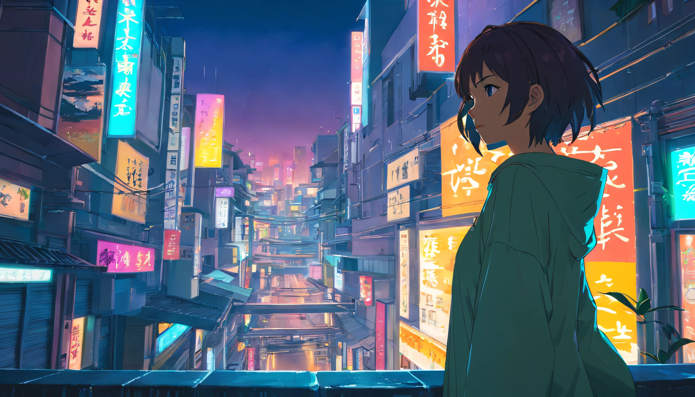 A traditional cyberpunk girl excitedly overlooks the bustling streets of a traditional Japanese city bathed in darkness, Show stunning views (Best quality, A high resolution, Photorealistic), vibrant with colors, Sharp focus, and professional lighting.