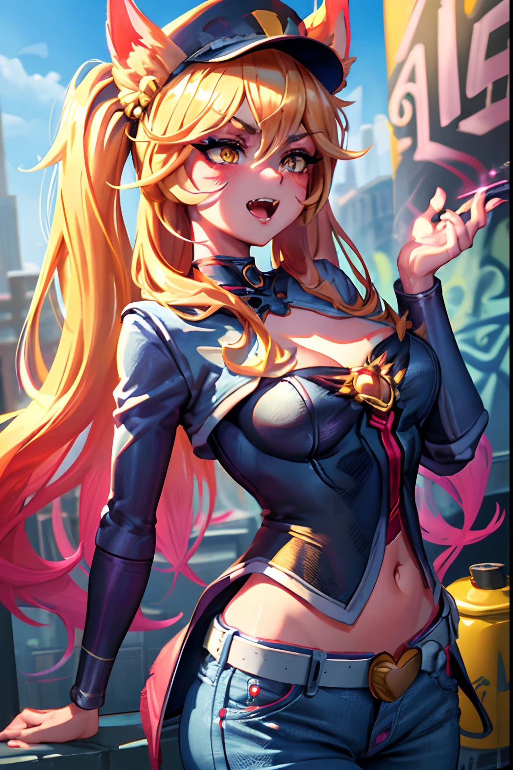 Original Character, Volumetric Lighting, Best Shadows, Shallow Depth of Field, Portrait Of Stunningly Beautiful Girl, Petite, Delicate Beautiful Attractive Face With Alluring Yellow Eyes, Messy Painted Face, Sharp Eyebrows, Broadly Smiling, Open Mouth, Fangs Out, Lovely Medium Breasts, Layered Long Twintail Blond Hair, Blush Eyeshadow, Thick Eyelashes, Applejack Hat, Oversized Pop Jacket, Mini Underboob Tee, Open Navel, Slim Waist, Denim Jeans Pants, With Buckle Belt, In The Graffiti Alley, Waste Container, Outside Stairs, Outdoor Unit, Holding Spray Paint Can, Standing, (Highest Quality, Amazing Details:1.25), (Solo:1.3), Brilliant Colorful Paintings