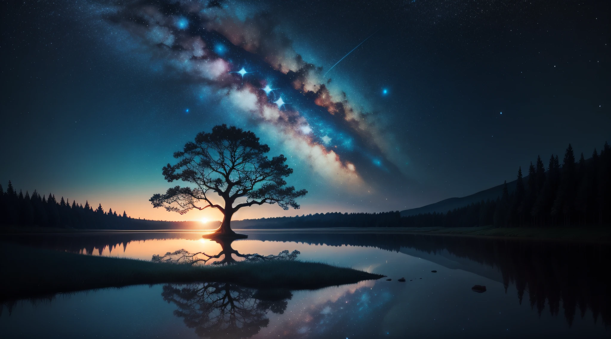 star \(sky\), sky, night, starry sky, night sky, tree, reflection, milky way, silhouette, water, blue theme
