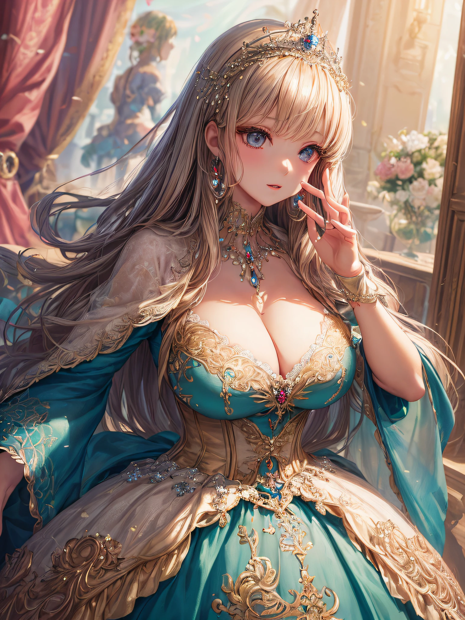 (masterpiece, best quality,extremely detailed,moe anime art style:1.1),1girl, (solo), cute, kawaii,digital art,((1 bling-bling anime princess wearing beautiful embroidery and jeweled gorgeous princess ballgown with voluminous full length hoop skirt)),((crinoline)),long train,voluminous frills,(gorgeous embroidery and beautiful lace),(very gigantic boobs,cleavage,skindentation),((shiny hair,absurdly straight long hair)),((finely detailed face and eyes)),clear pupil,extremely gorgeousfull hair ornament,(bling-bling jeweled extremely gorgeousfull tiara),((bling-bling gorgeous gemstone jewelry)),long veil,((beautiful background,fantasy)),flowers,flower petals flowing,full body,(looking away),((beautiful embroidery and jeweled gorgeous princess ballgown with voluminous full length hoop skirt))