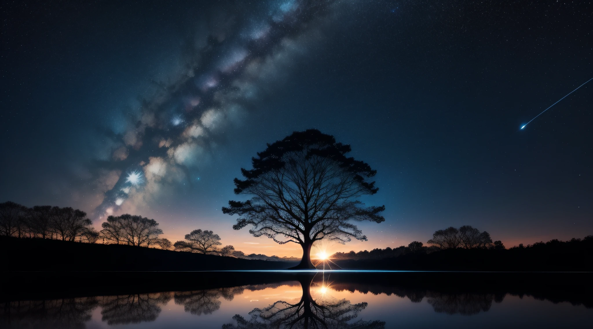 star \(sky\), sky, night, starry sky, night sky, tree, reflection, milky way, silhouette, water, blue theme