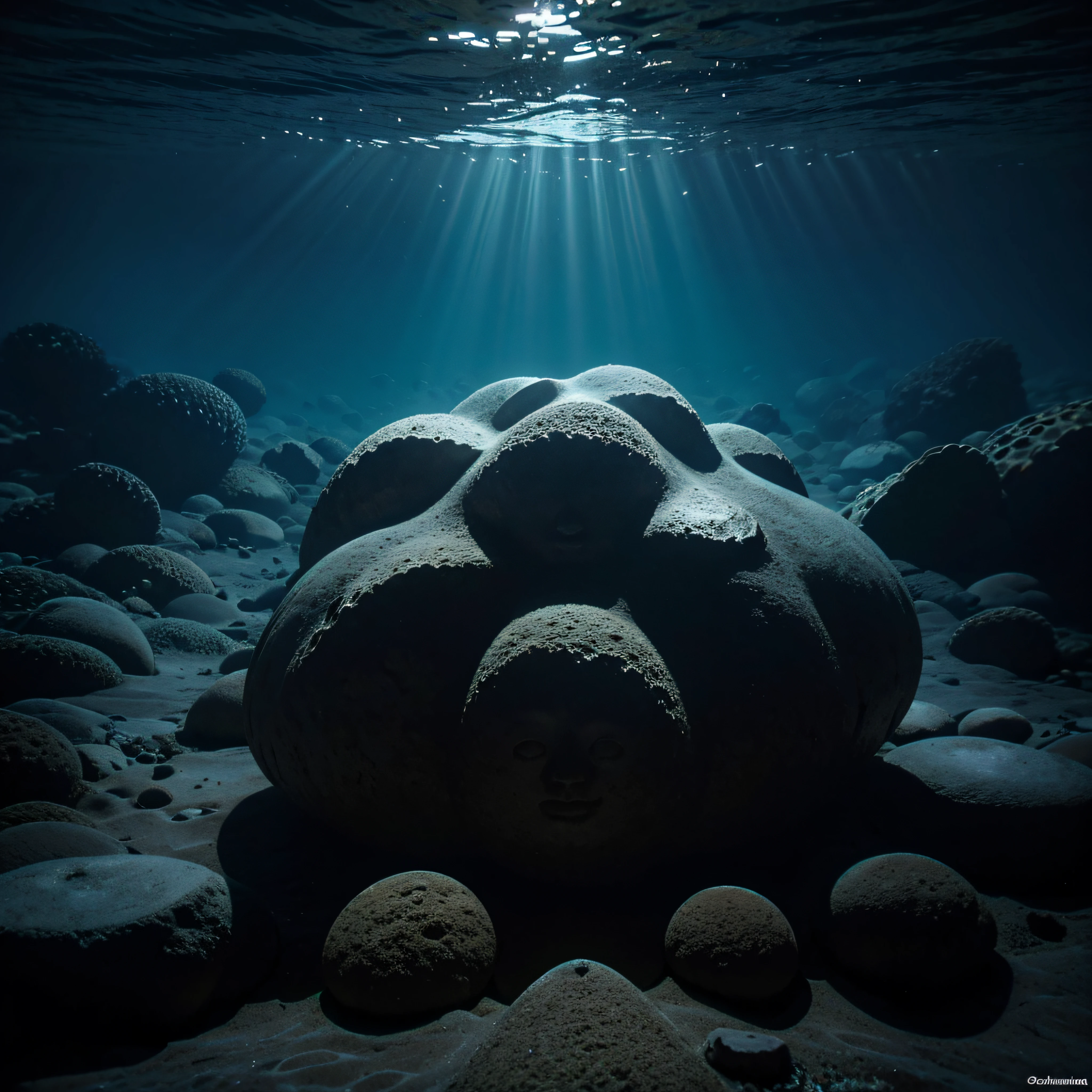 (extremadamente detallado, obra maestra, La mejor calidad, Under the Ocean), Estilo oscuro, volumetric illumination. textura de babosa, piel de caracol. manchas de tinta. Rococo composition.
