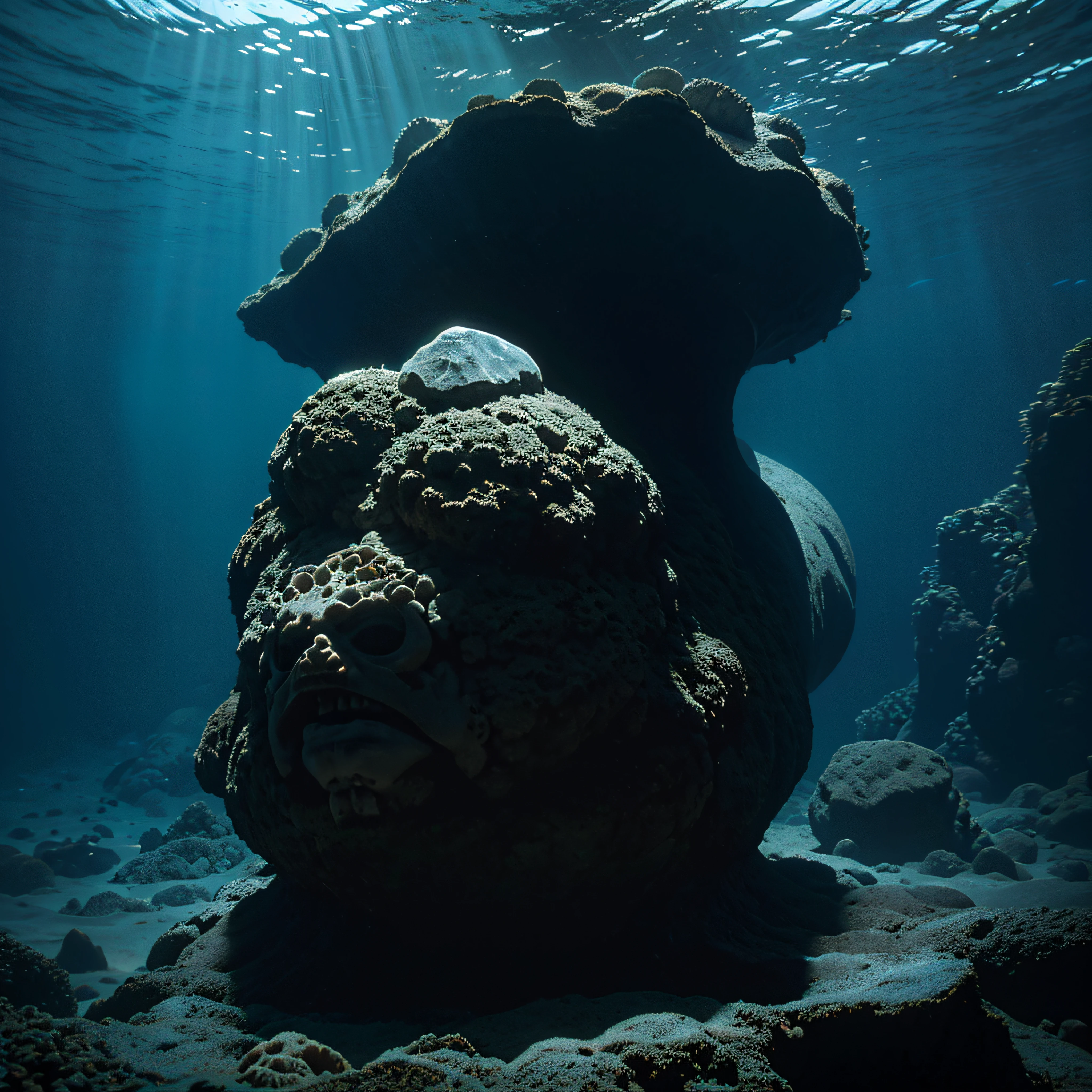 (extremadamente detallado, obra maestra, La mejor calidad, Under the Ocean), Estilo oscuro, volumetric illumination. textura de babosa, piel de caracol. manchas de tinta. Rococo composition.