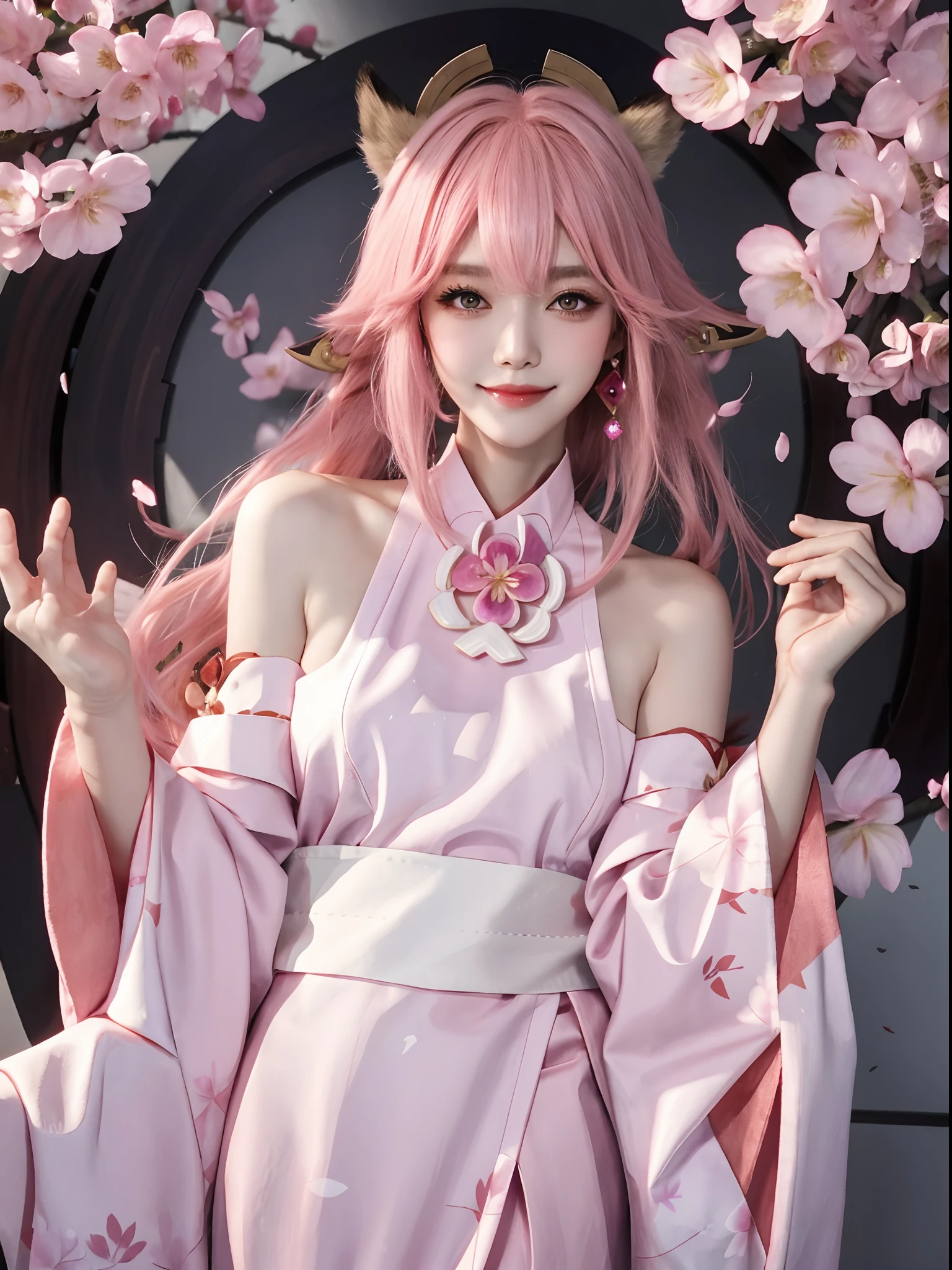yae miko, 1girl, \n/, animal ears, bare shoulders, blush, breasts, cherry blossoms, closed mouth, detached sleeves, earrings, fingernails, flower, fox ears, gem, hair between eyes, hair ornament, hand up, japanese clothes, jewelry, kimono, long hair, looking at viewer, medium breasts, miko, nontraditional miko, pink eyes, pink flower, pink hair, purple gemstone, short kimono, sidelocks, smile, solo, upper body, white kimono, ((masterpiece))