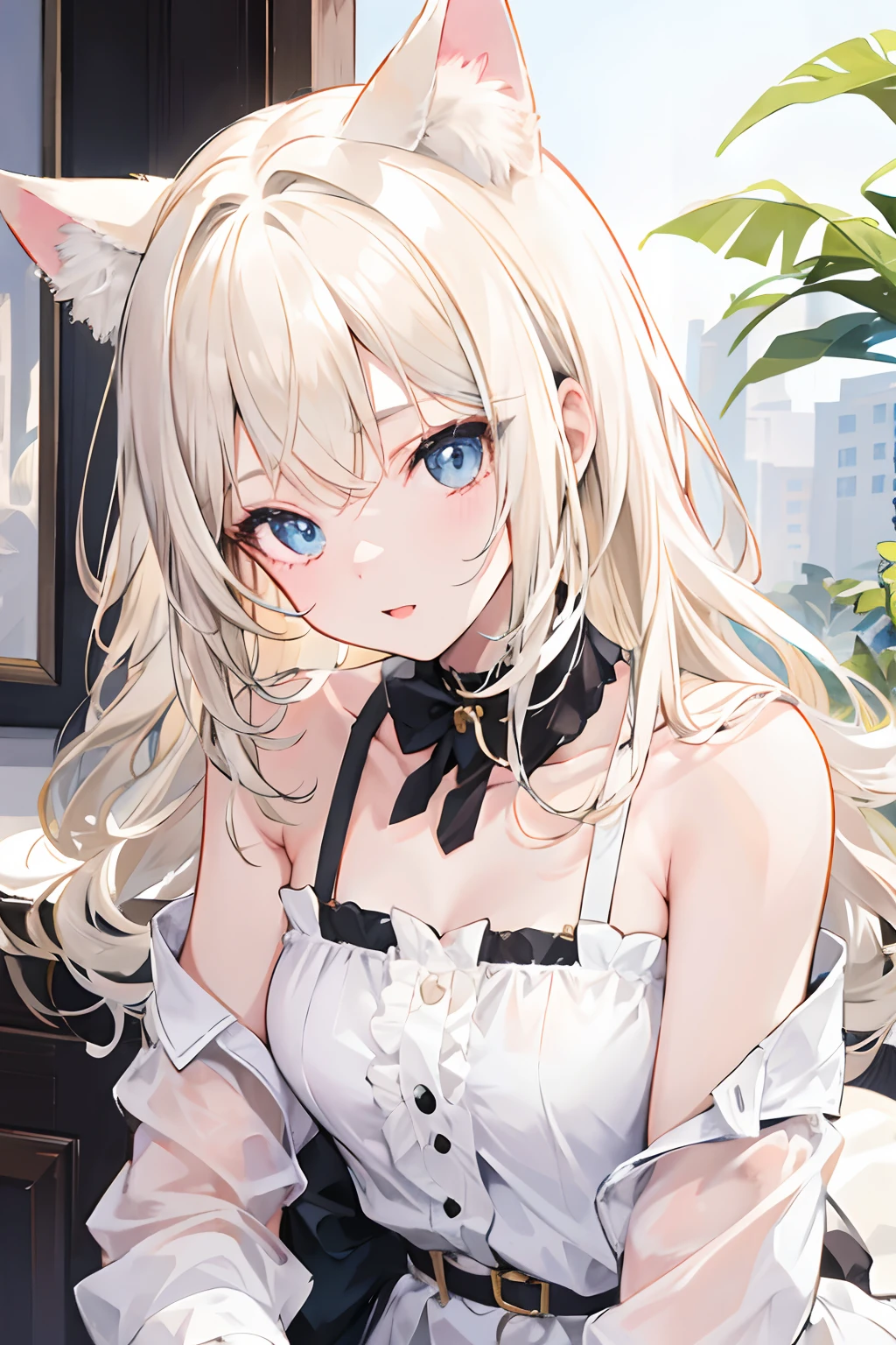 1girl, young girl, cat ear, White blonde,