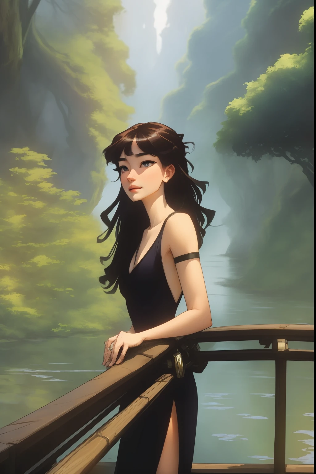 A woman with deer sits on the bridge, fantasy art style, Keylet, digital fantasy illustration, alphonse mucha and rossdraws, epic fantasy art style, :: rossdraws, fantasy style art, Fantasy Fiction Illustration, queen of the forest, detailed fantasy digital art, lois van rossdraws, Goddess of Autumn, beautiful fantasy art, detailed fanart