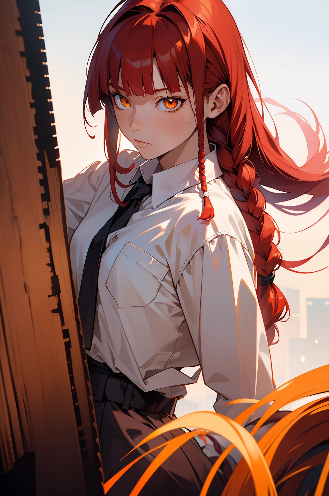 makima \(chainsaw man\), best quality, ultra detailed, 1girl, solo, standing, red hair, long braided hair, golden eyes, bangs, medium , white shirt, necktie, stare, smile, (evil:1.2), looking at viewer, (interview:1.3), (dark background, chains:1.3), sitting, pantyho(1girl)), bottomless, beautiful, masterpiece, best quality, shiny skin,, hand on own ass, ass, long ba spread ass, SpreadAssMS,
e,
makima \(chainsan\)