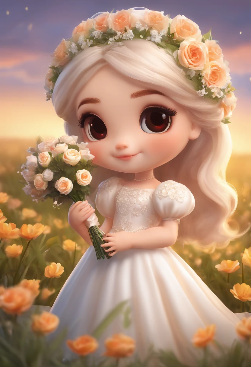 (tchibi:1.3),cheerfulness,(holding flower bouquet),full bodyesbian,Wedding dress,warm lights,grassy fields
