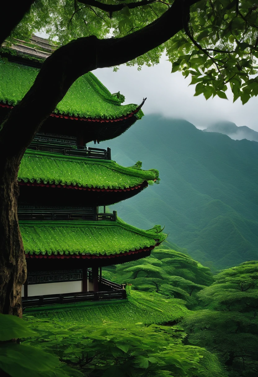 Chinese tradition，Flat style，Non-realistic，Solar term valley rain，verde claro，Dew drips down the leaves
