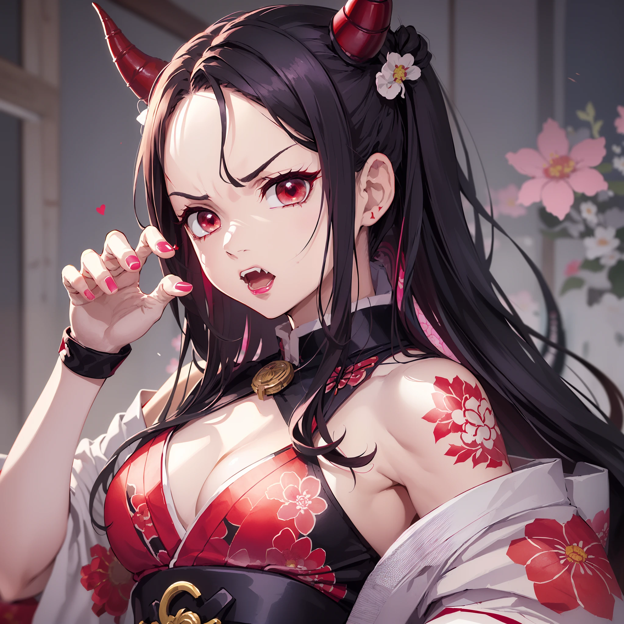 (masterpiece, best quality:1.2), kimetsu no yaiba style, kamado nezuko, (1 girl, solo), 20 years old, upper body, (pink kimono, open chest, floral tattoo on neck and chest), (red demon horns, red eyes), (angry face, long fangs), claw pose, Japanese old style room background