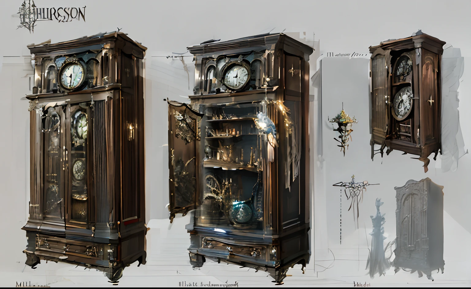 The tall cabinet with clock has three different views, object concept art, prop design, ultra detailed concept art, by senior environment artist, high detail concept art, senior concept artist, detailed conceptual drawing, concept art highly detailed, Ultra detailed concept art, artstation concept, stylistic furniture, highly detailed concept art, artstation concept art