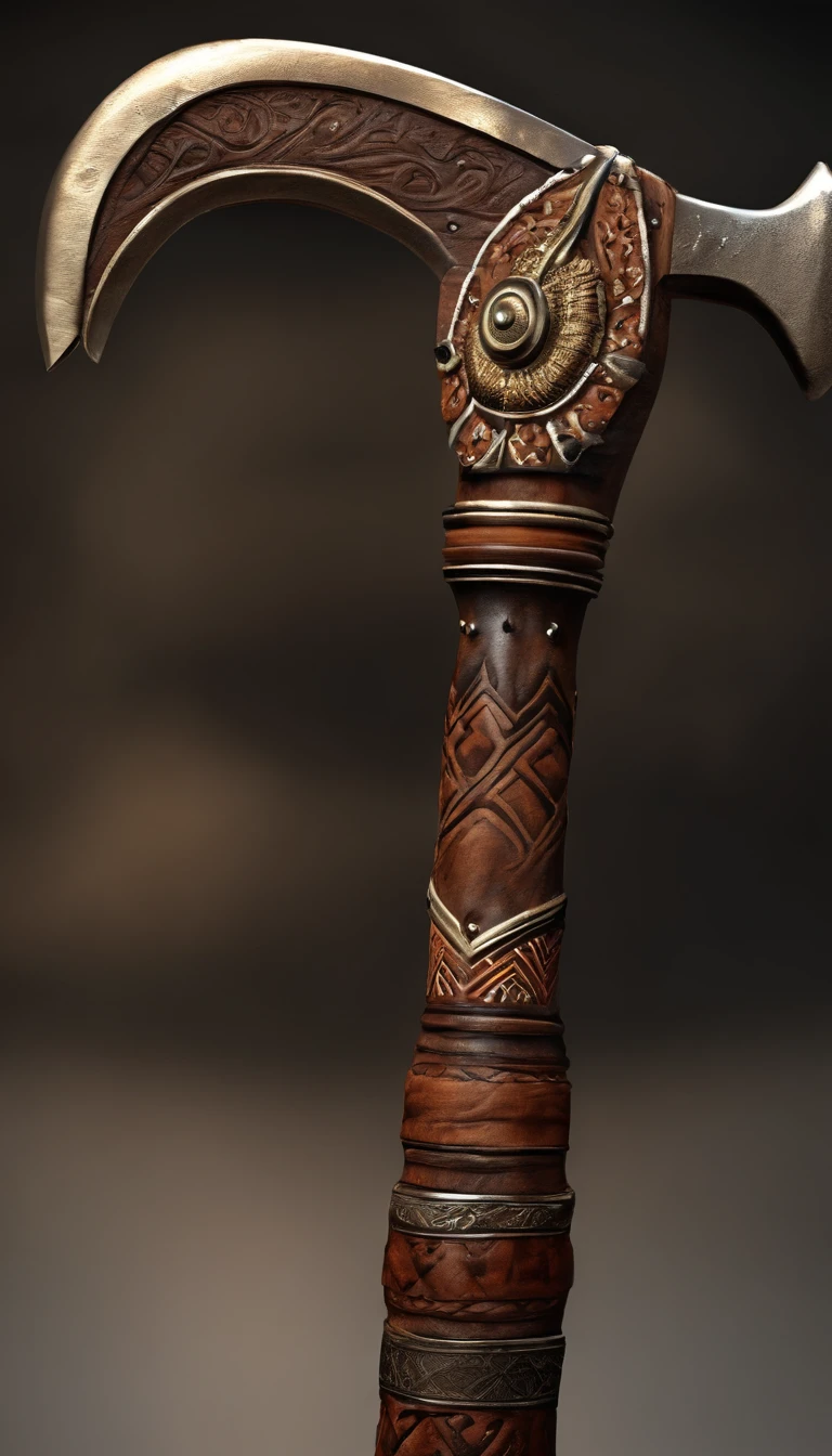 battleaxe,Tribal Tomahawk,well decorated,Close-up at medium range,(Ultra Realistic Photo, super-fine,, the highest picture quality,3D,C4D, tmasterpiece,