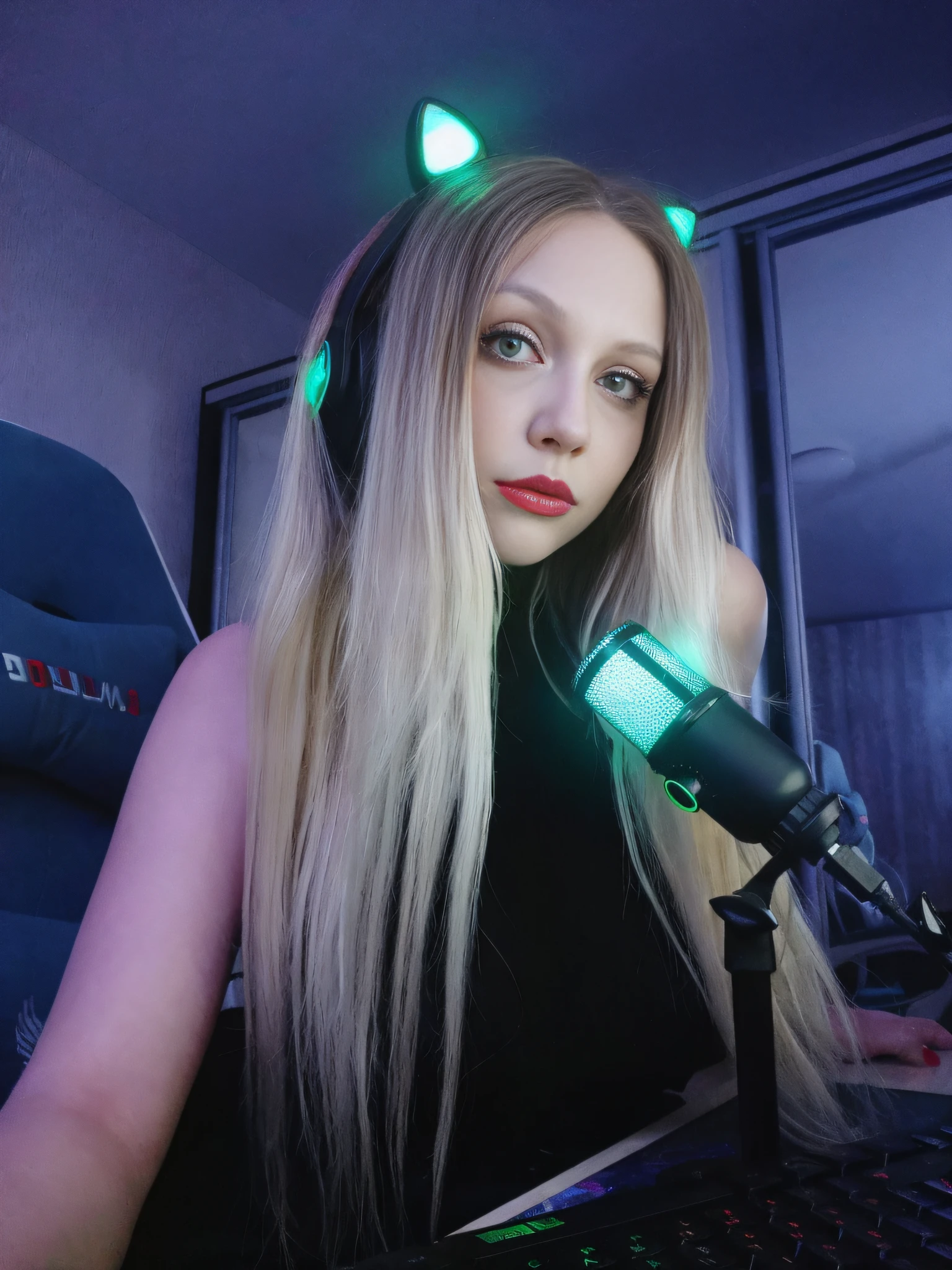 Blonde with green headphones and microphone in recording studio, twitch streamer, twitch streamer / gamer ludwig, anna nikonova aka newmilky, amouranth, ava max, Very dark with green lights, with headphones, Wearing a gaming headset, belle delphine, angelawhite, Streaming on Twitch, Wearing a gaming headset, long blonde hair and big eyes