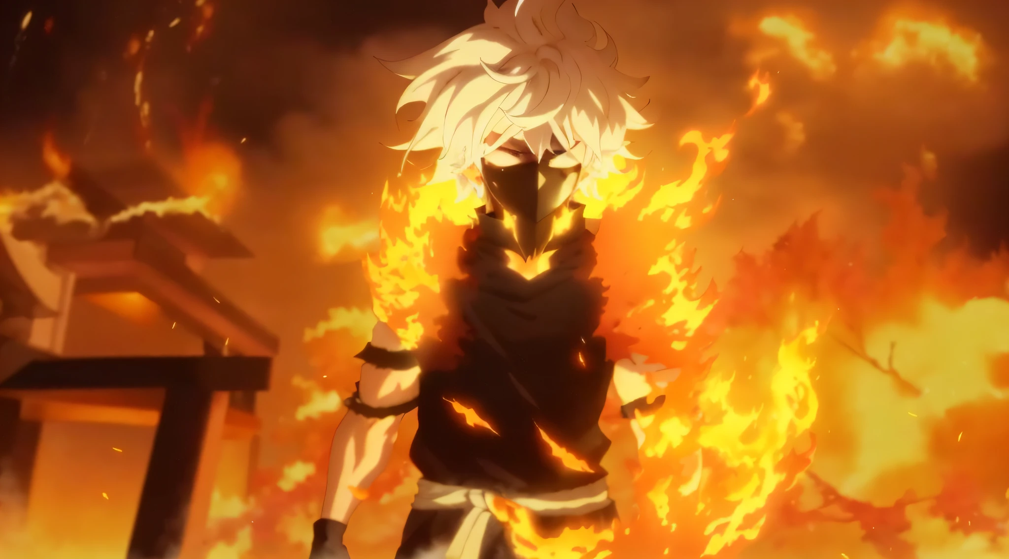 anime character with white hair and black outfit standing in front of a fire, screenshot from black clover, an epic anime of a energy man, all face covered with a fire, fire!! full body, nagito komaeda, fire behind him, screenshot from guro anime, 2 0 1 9 anime screenshot, epic 8 k hd anime shot, screenshot from the anime film