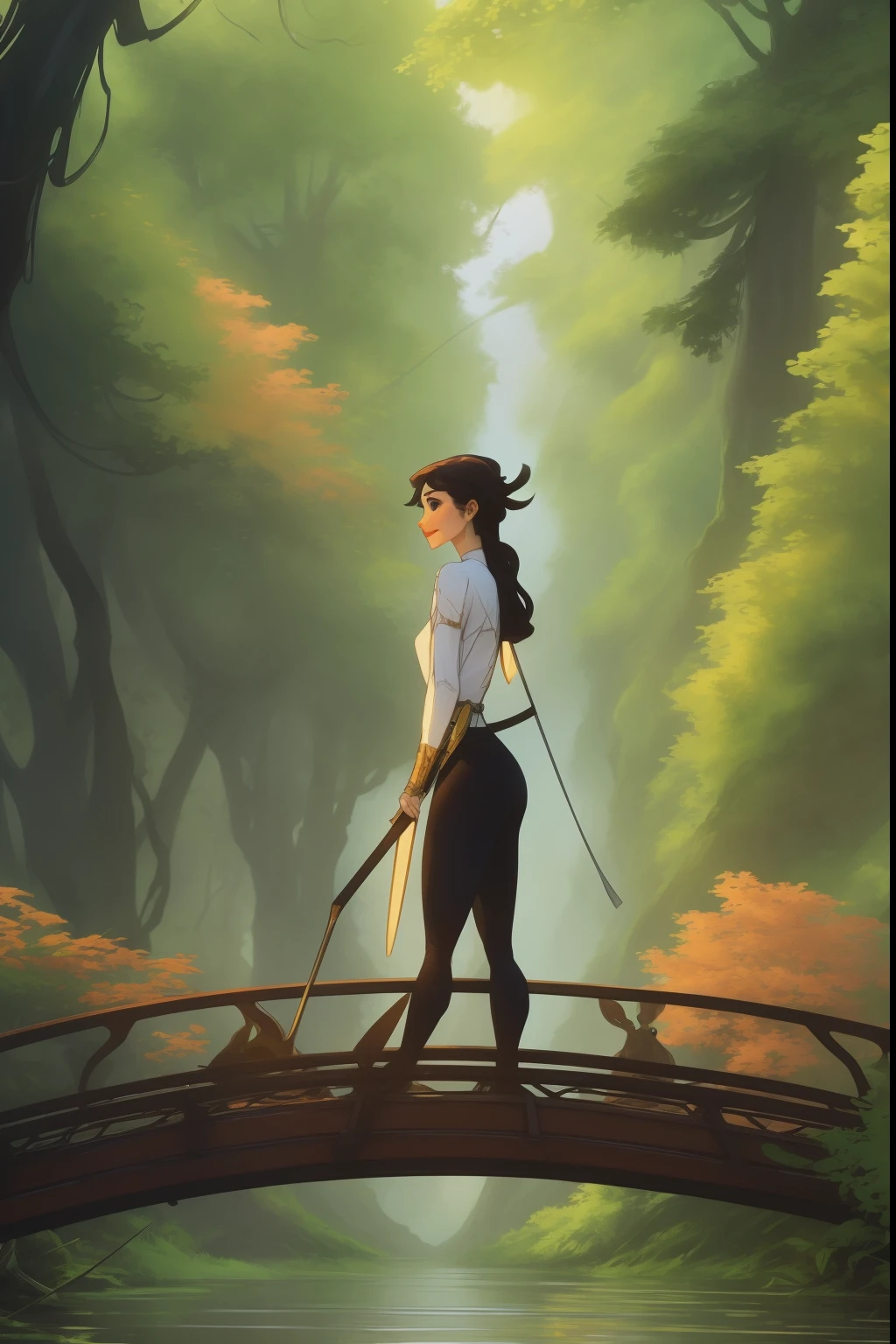 A woman with deer sits on the bridge, fantasy art style, Keylet, digital fantasy illustration, alphonse mucha and rossdraws, epic fantasy art style, :: rossdraws, fantasy style art, Fantasy Fiction Illustration, queen of the forest, detailed fantasy digital art, lois van rossdraws, Goddess of Autumn, beautiful fantasy art, detailed fanart