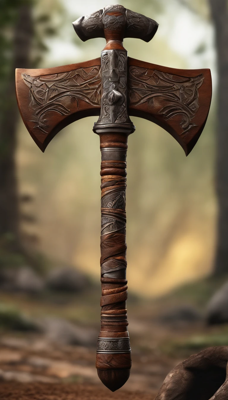 battleaxe，Tribal Tomahawk，well decorated,Close-up at medium range,（Ultra Realistic Photo, super-fine,, the highest picture quality,。.3D，C4D, tmasterpiece,