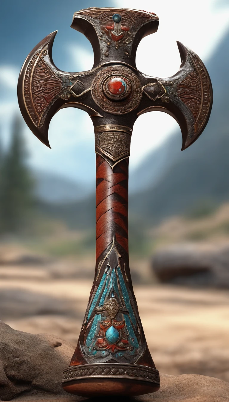 battleaxe,Tribal Tomahawk,well decorated,Close-up at medium range,(Ultra Realistic Photo, super-fine,, the highest picture quality,。.3D,C4D, tmasterpiece,