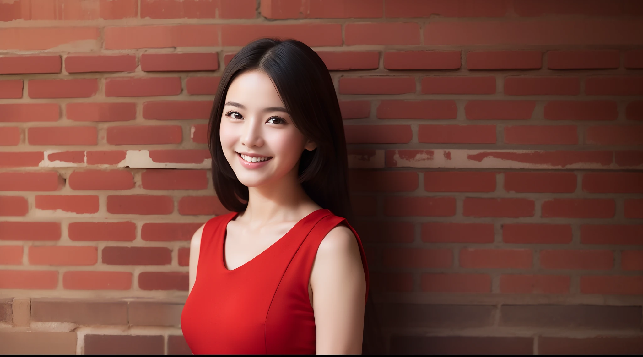 girl with, 独奏, a smile, Dressed in a red dress, Brick wall background, top-quality, masterpiece, Realistic, ultra-detailliert, natural soft light
