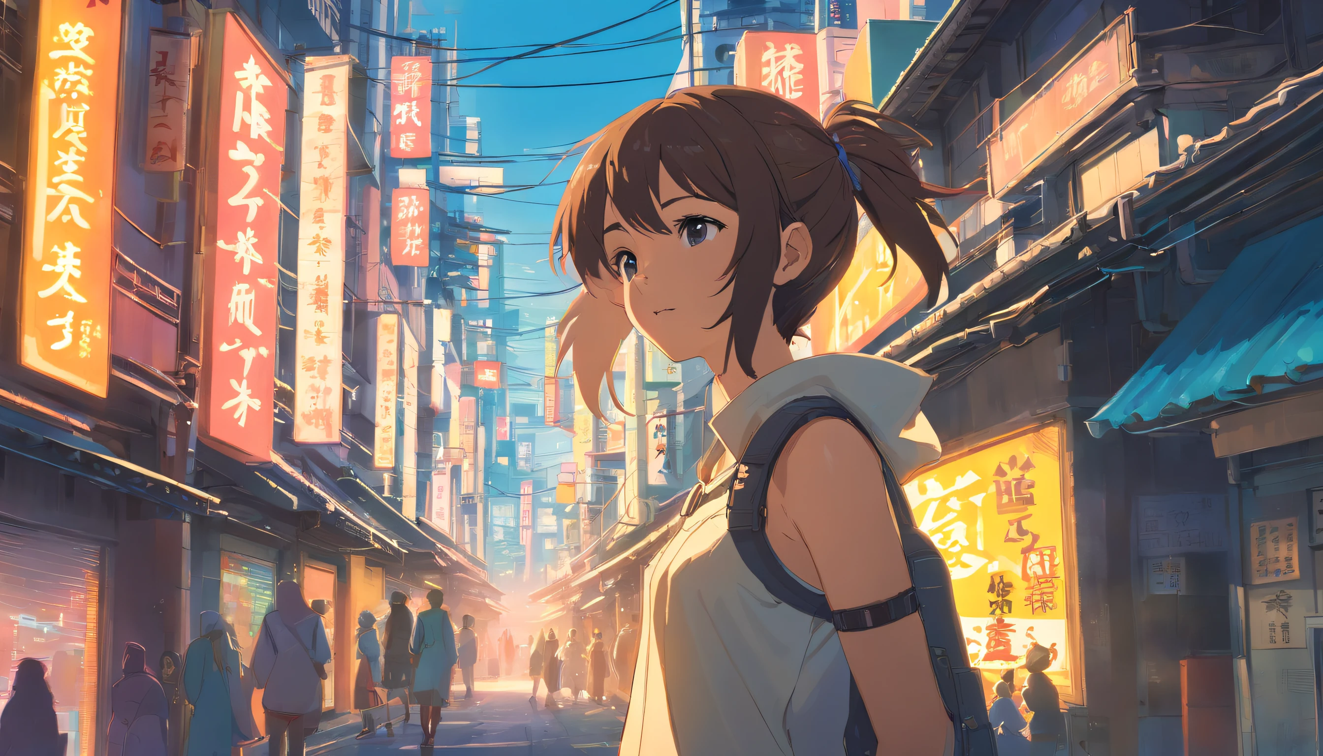 a traditional cyberpunk girl excitedly overlooks the bustling streets of a Japanese traditional city bathed in warm noon sunlight, revealing magnificent views (best quality, highres, photorealistic), with vivid colors, sharp focus, and professional lighting.