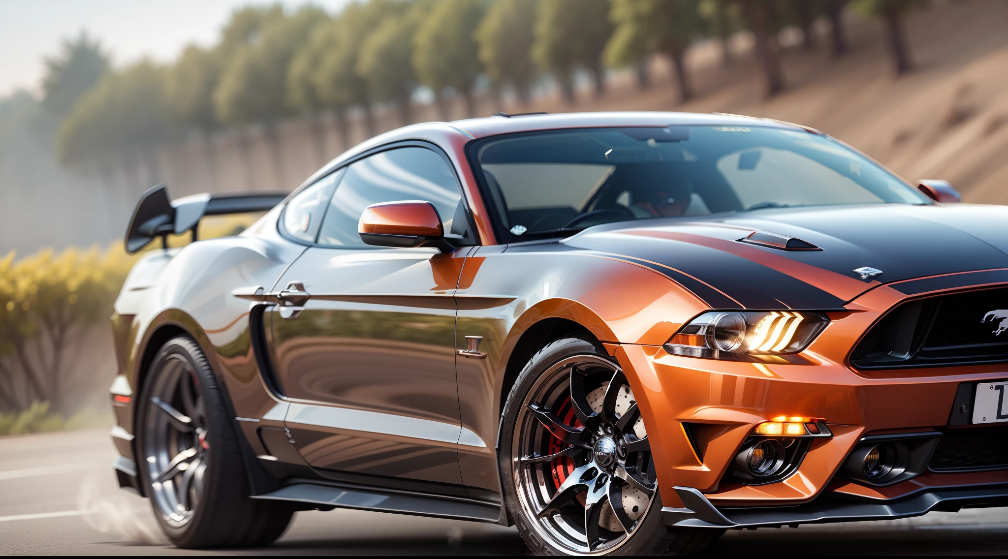 Mustang cars,projected inset, Close-up, Motion blur, Ray tracing, reflective light, speed-line, Vignetting, hyper HD, High details, High quality, 8K