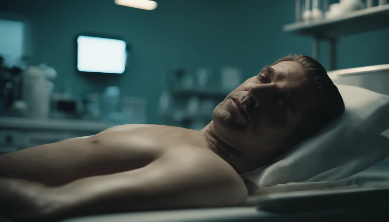 In the lab,A man lies on a medical bed in a laboratory,Skin ulceration can see bones,Next to him stood a man in a chemical protection suit