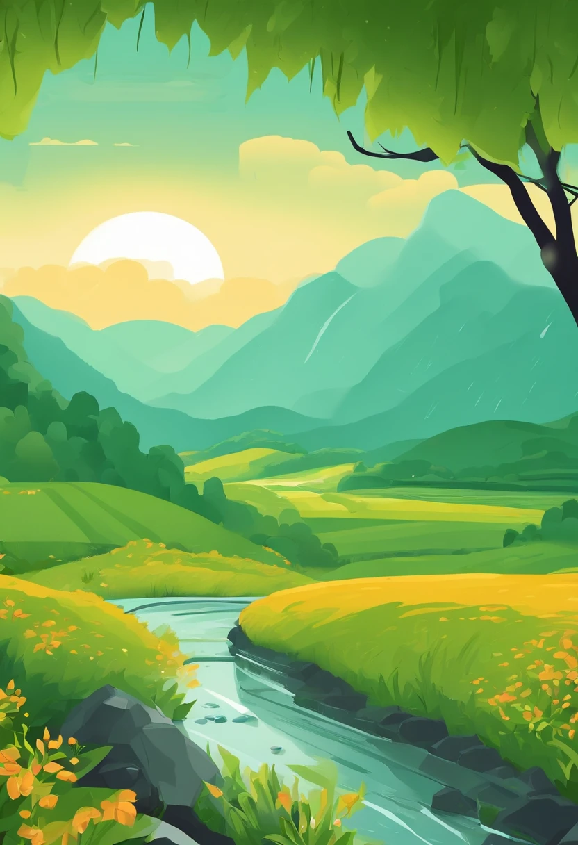 Flat illustration style,Solar term valley rain,Mainly light green,Dew drips down the leaves,Business posters