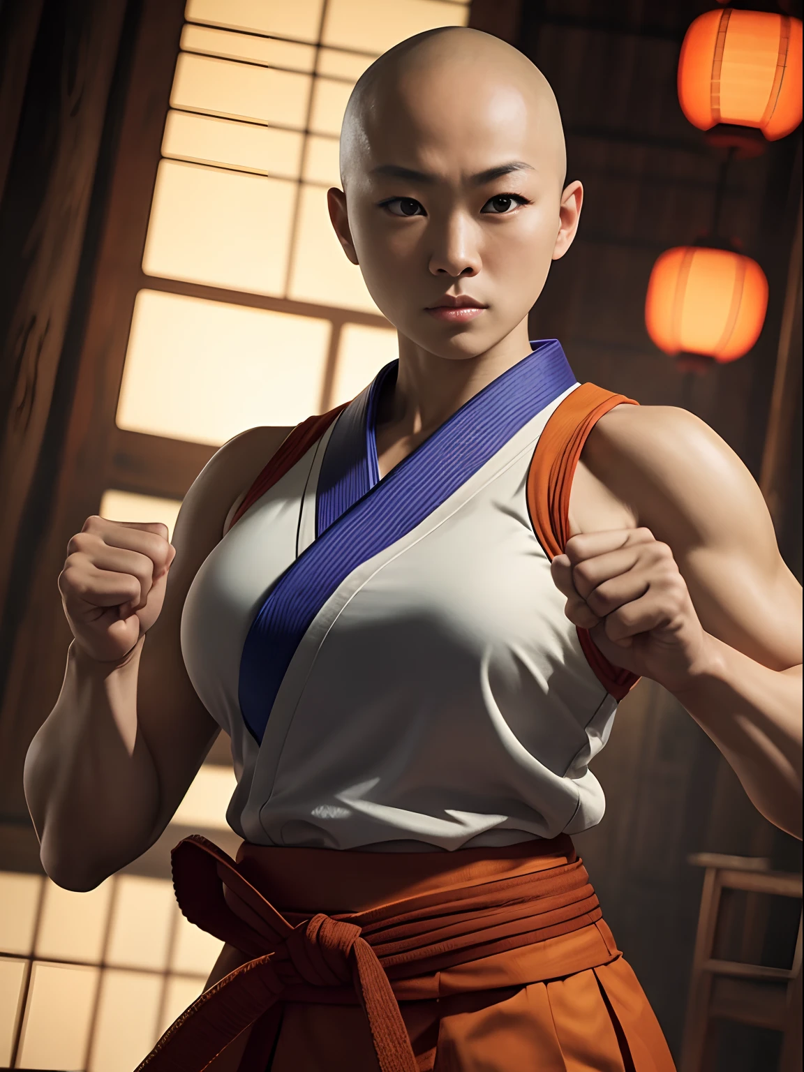 (japanese woman). Shaolin monk hyper - detailed, make a super power fist and destroys the world, cinematic 8k, (japanese woman), baldhair, skinhead, lady, Karate uniform, skinhead, baldhair, try to hit, Looks like Yuko Oshima
