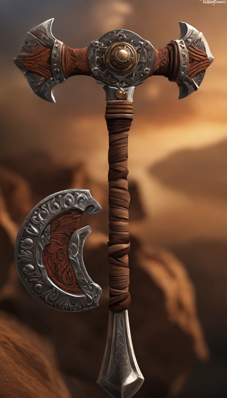 battleaxe,Tribal Tomahawk,sharpest,well decorated,Close-up at medium range,(Ultra Realistic Photo, super-fine,, the highest picture quality,。.。.3D,C4D, tmasterpiece,
