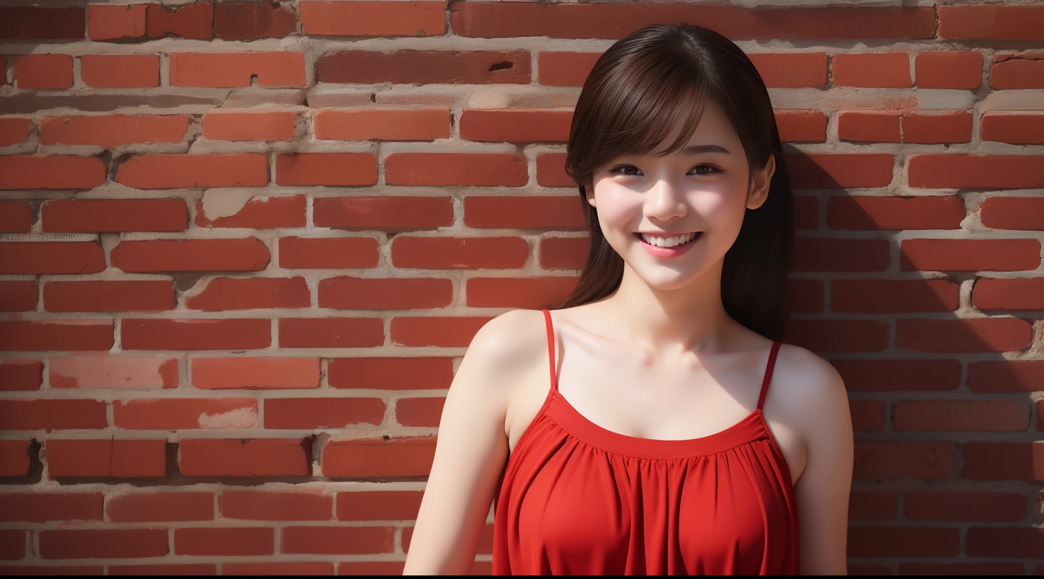 girl with, 独奏, A smile, wearing red dress, full bodyesbian, Brick wall background, top-quality, masterpiece, Realistic, ultra-detailliert, natural soft light