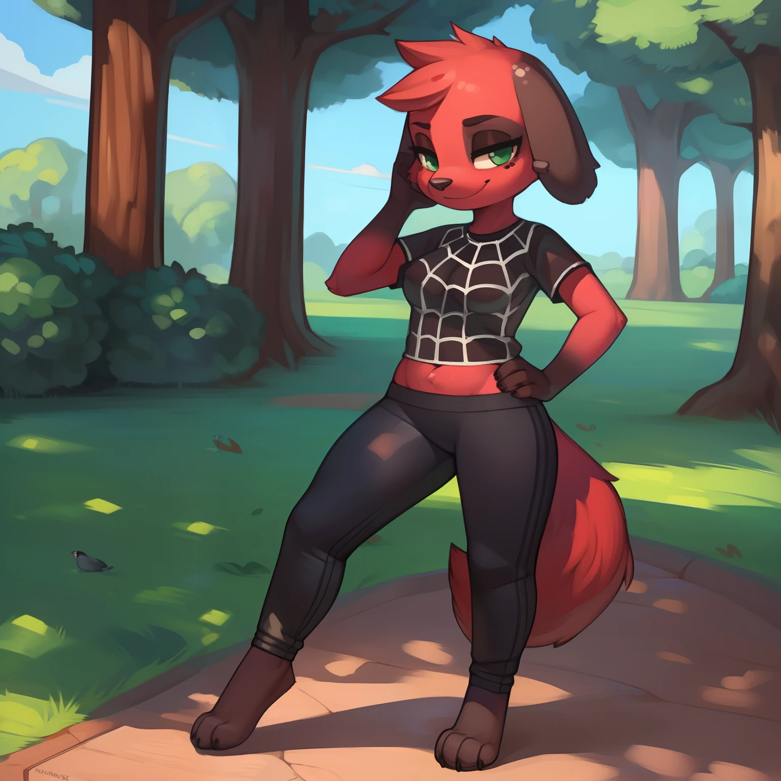 [Cherry; Animal Crossing], [Uploaded to e621.net; (Pixelsketcher), (wamudraws)], ((masterpiece)), ((solo portrait)), ((full body)), ((feet visible)), ((furry; anthro)), ((detailed fur)), ((detailed shading)), ((beautiful render art)), {anthro; (red fur, black nose), cute green eyes, (black spot over left eye), black lop ears, smug smirk, small fluffy tail, (beautiful feet)}, {(goth), (spiderweb tee shirt), small boobs, black yoga pants}, {(hand on hip), (standing), (pigeon-toed)}, [background; (park), (trees), (sun rays through trees)]