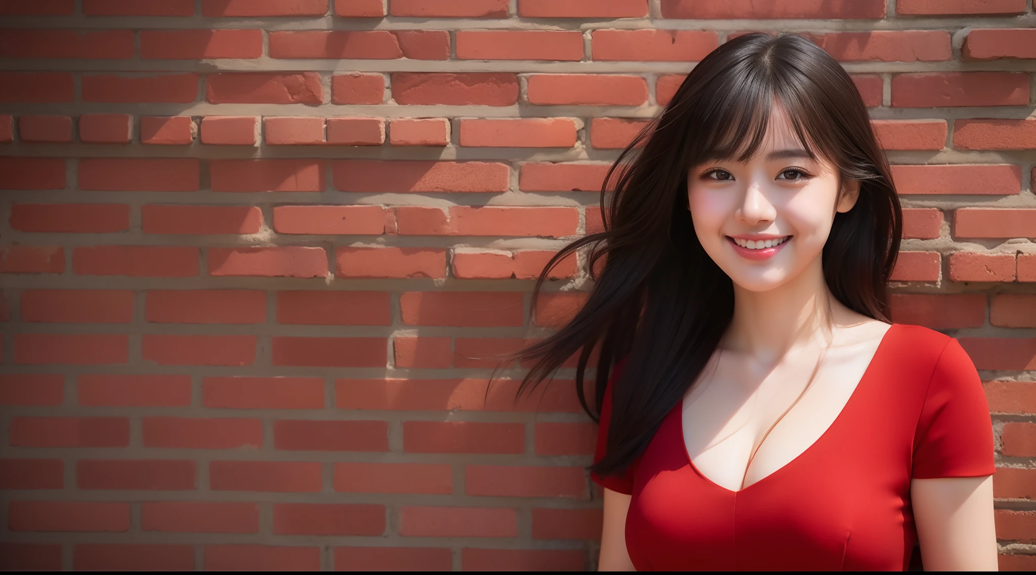 girl with, 独奏, A smile, wearing red dress, full bodyesbian, Brick wall background, top-quality, masterpiece, Realistic, ultra-detailliert, natural soft light
