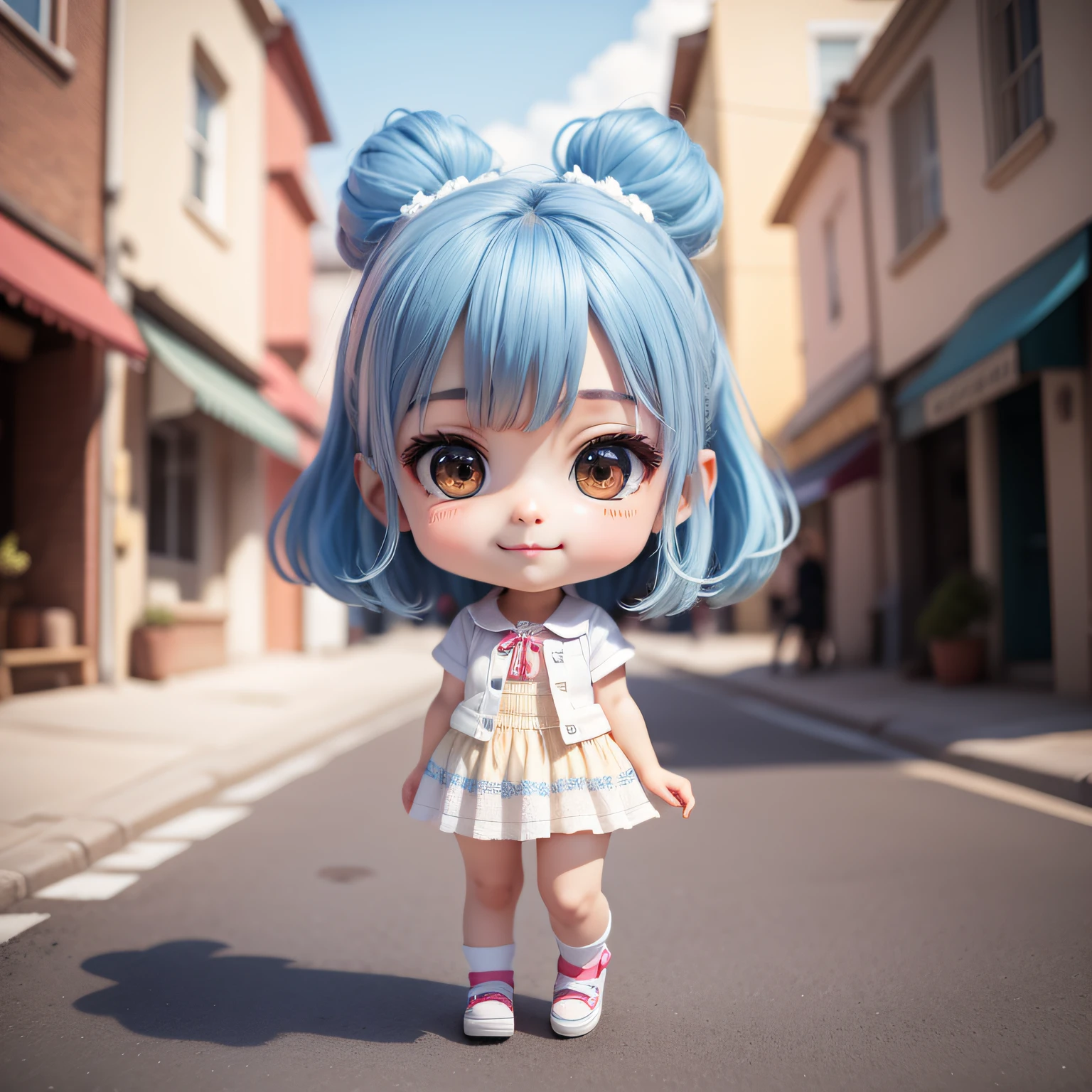Cute baby chibi anime,(((Super masterpiece、top-quality、ultra - detailed、1 girl in、tchibi:1.5)))、Fashion Chibi、A fashion model、Wearing a white shirt and a long gray vest,espadrilles、Stylish city street background、outside of house、The best smile、Looking at the camera,A detailed face、Dark skin、highdetailskin、Sky blue hair、(tchibi:1.4)、