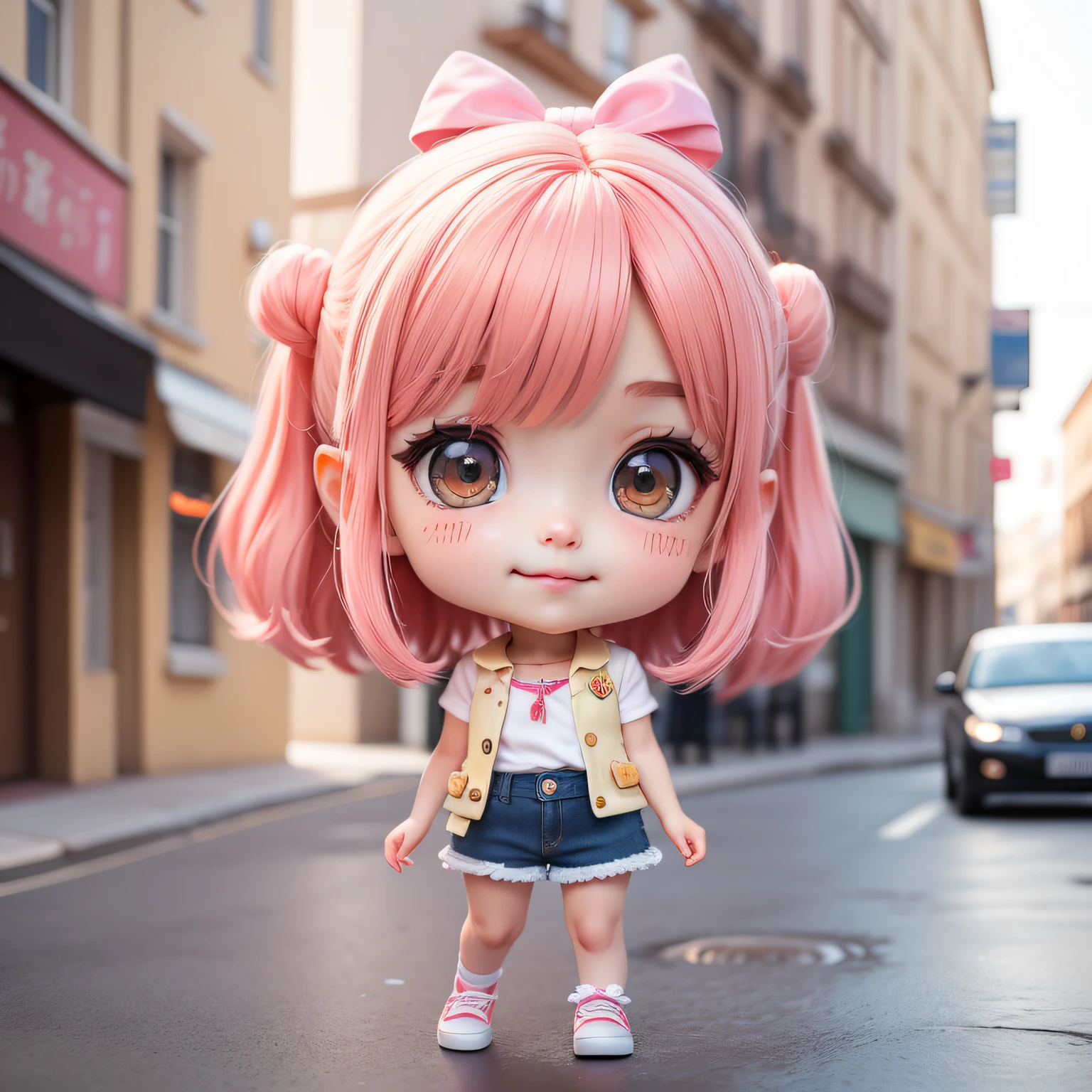 Cute baby chibi anime,(((Super masterpiece、top-quality、ultra - detailed、1 girl in、tchibi:1.5)))、Fashion Chibi、A fashion model、Wearing a white shirt and a long gray vest,espadrilles、Stylish city street background、outside of house、The best smile、Looking at the camera,A detailed face、Dark skin、highdetailskin、Strawberry pink hair、(tchibi:1.4)、