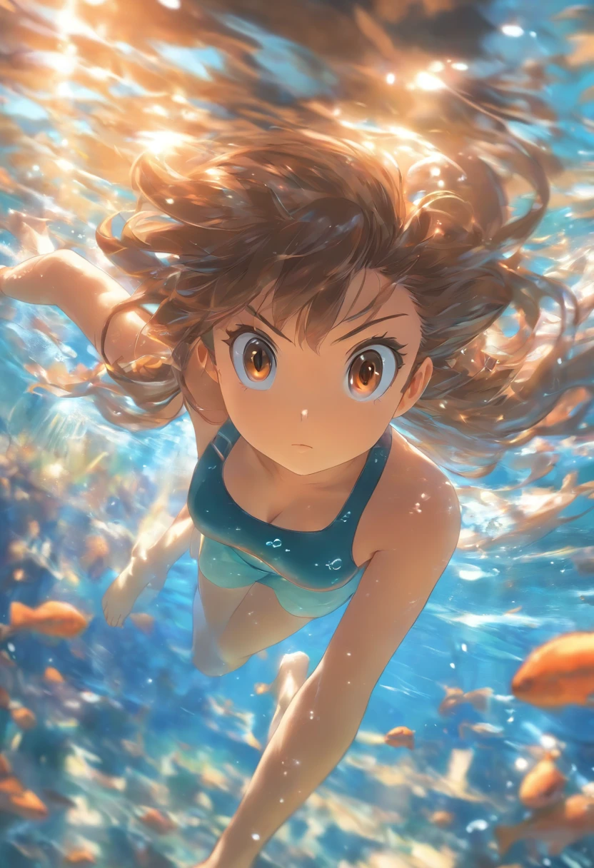 foreshortening, Depth of field, Masterpiece, Best quality, 1girll, Brown hair, Brown eyes, Long hair, Underwater, airbubble, Solo, view the viewer, School swim wear, Swimming, Dappled sunlight,