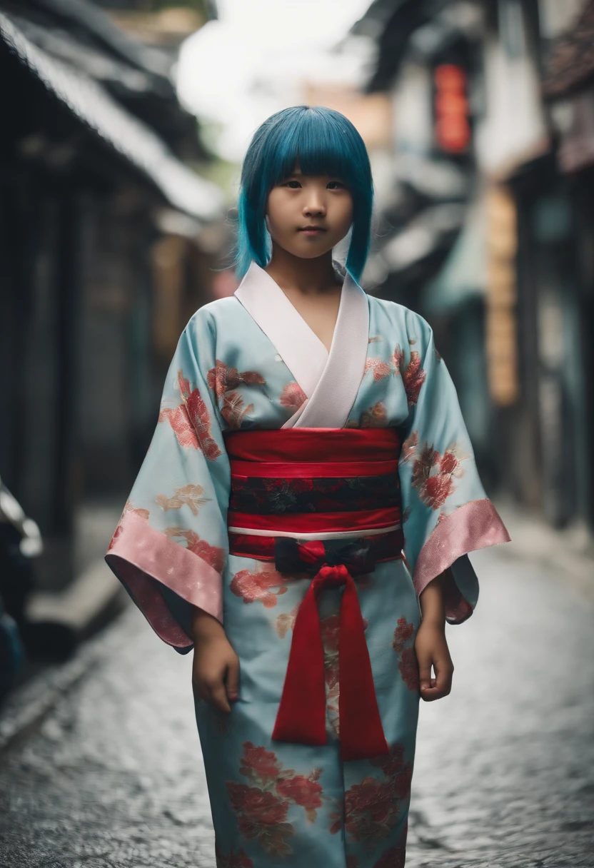 full bodyesbian, Wear colorful kimonos, , 7 year old Japanese petite kid on a dark city street, Dark creepy streets, Petite girl, flatchest, Petite figure, Long light blue hair, Exposing the abdomen, midriff exposed, small tits, ((big breasts thin waist)), a small face